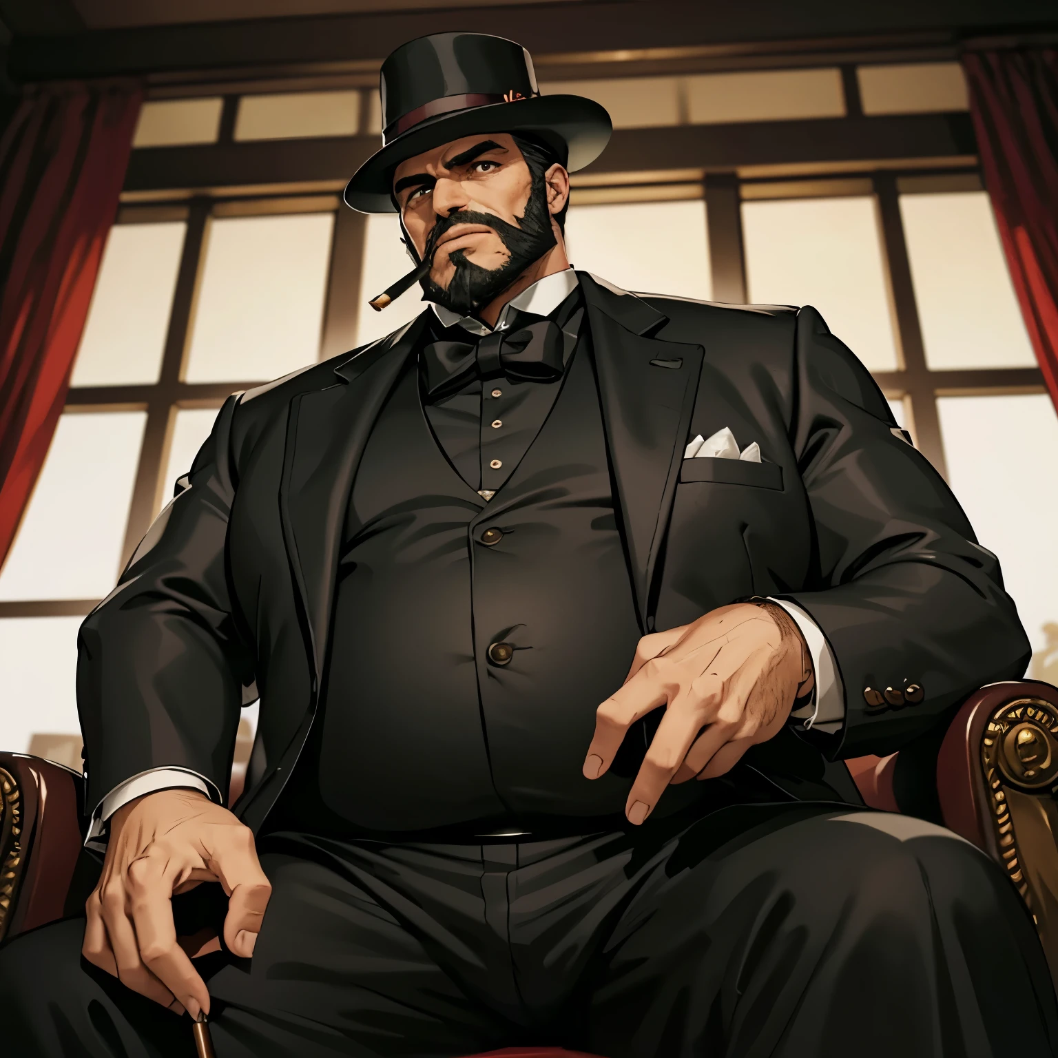 Masterpiece, Best Quality, Ultra-Detailed, 1man, solo, mafia boss, black hair, black beard, thick beard, black fedora, black smoking, sitting on a black chair, smoking a cigar, (((fat:1.0))), big belly, luxurious background, looking to a window