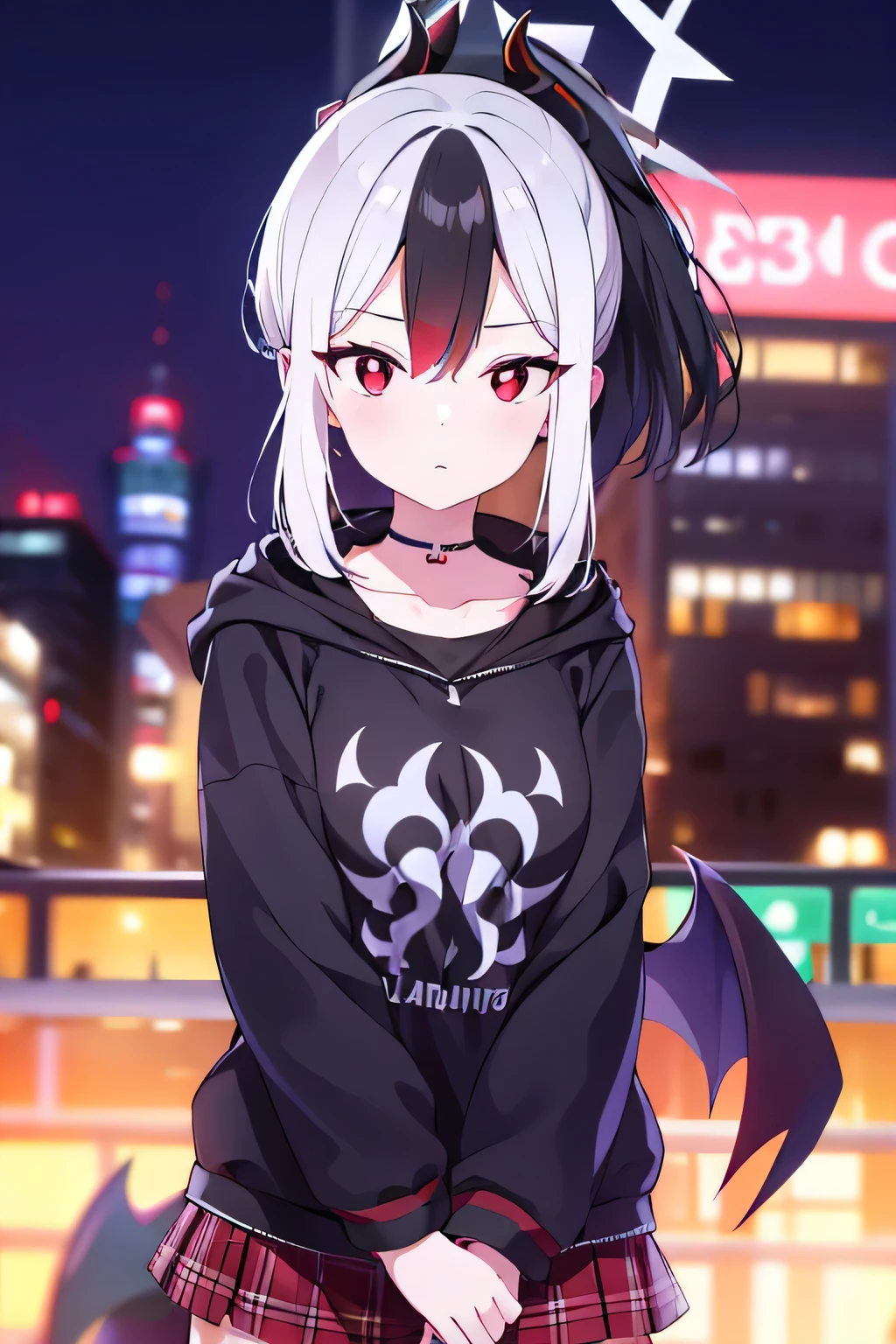 kayoko onikata, black hair, demon horns, hair between eyes, halo, horns, long hair, low wings, mole, mole on collarbone, multicolored hair, ponytail, (red eyes:1.5), single black wing, two-tone hair, white hair, wings, black ponytail, black hoodie, choker, hood, hoodie, pleated skirt, skirt, red skirt, 8k quality, 8k resolutions, in city, neon, nights, upper body, mad pose