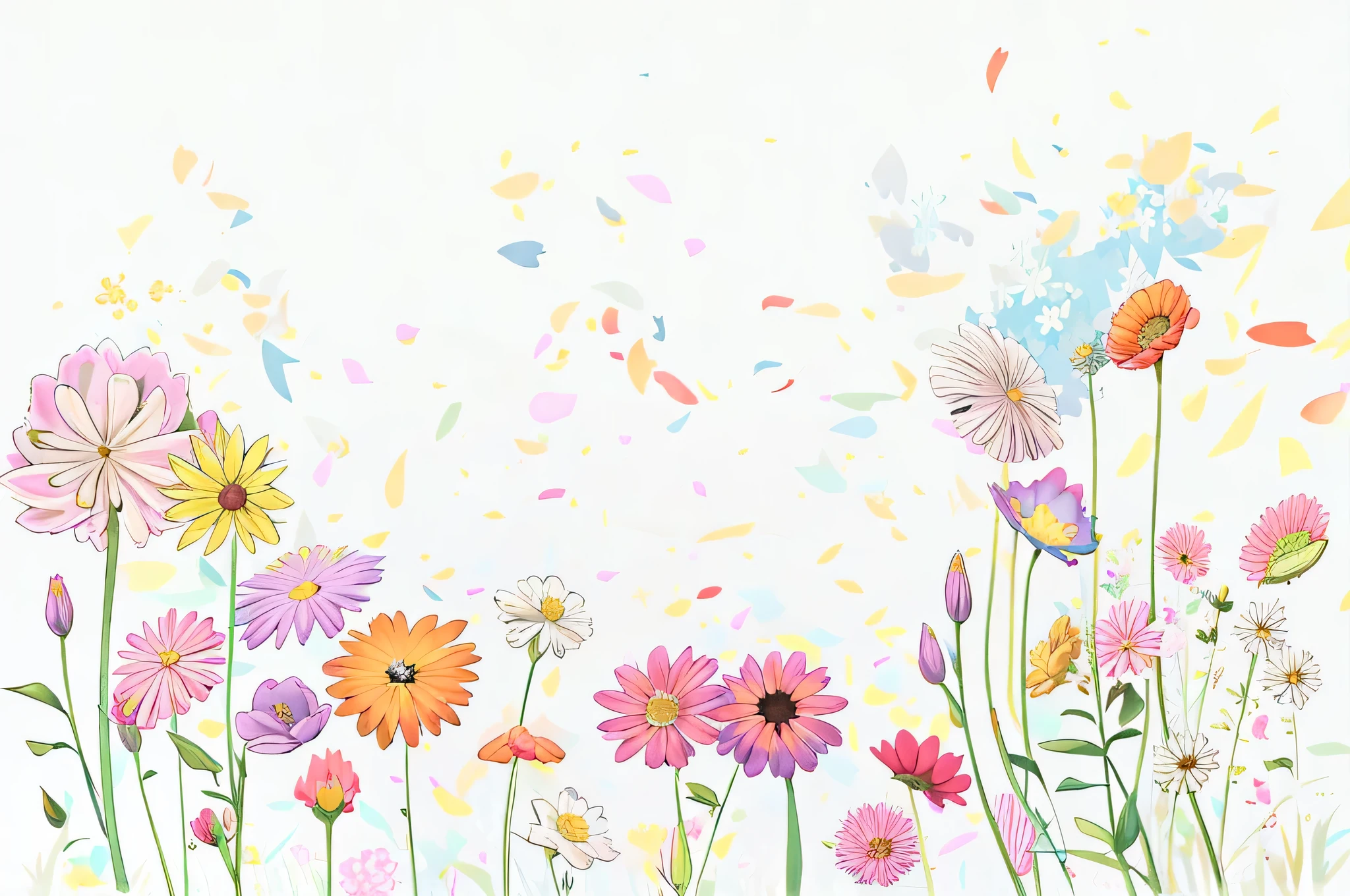 there are many different flowers that are in the picture, flower background, flower meadow, colored flowers, flowers and stems, meadow flowers, surrounded flower, floral environment, meadow, flower field, field flowers, flowers background, colorful flowers, summer meadow, flowers and blossoms, without text, blooming flowers, soft flowers, field of flowers background, floral background