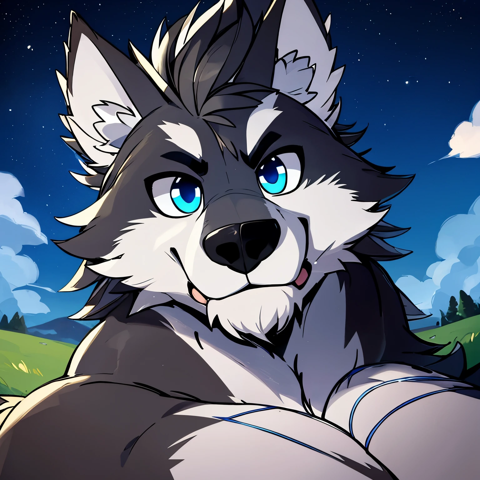 a handsome muscular wolf with blue eyes sitting in the grass, furry wolf, pov furry art, an anthro wolf, fursona art, wolf fursona, furry character portrait, anthro wolf face, very very beautiful furry art, an anthropomorphic wolf, fursona furry art commission, anthropomorphic wolf, furry art!!!, furry art