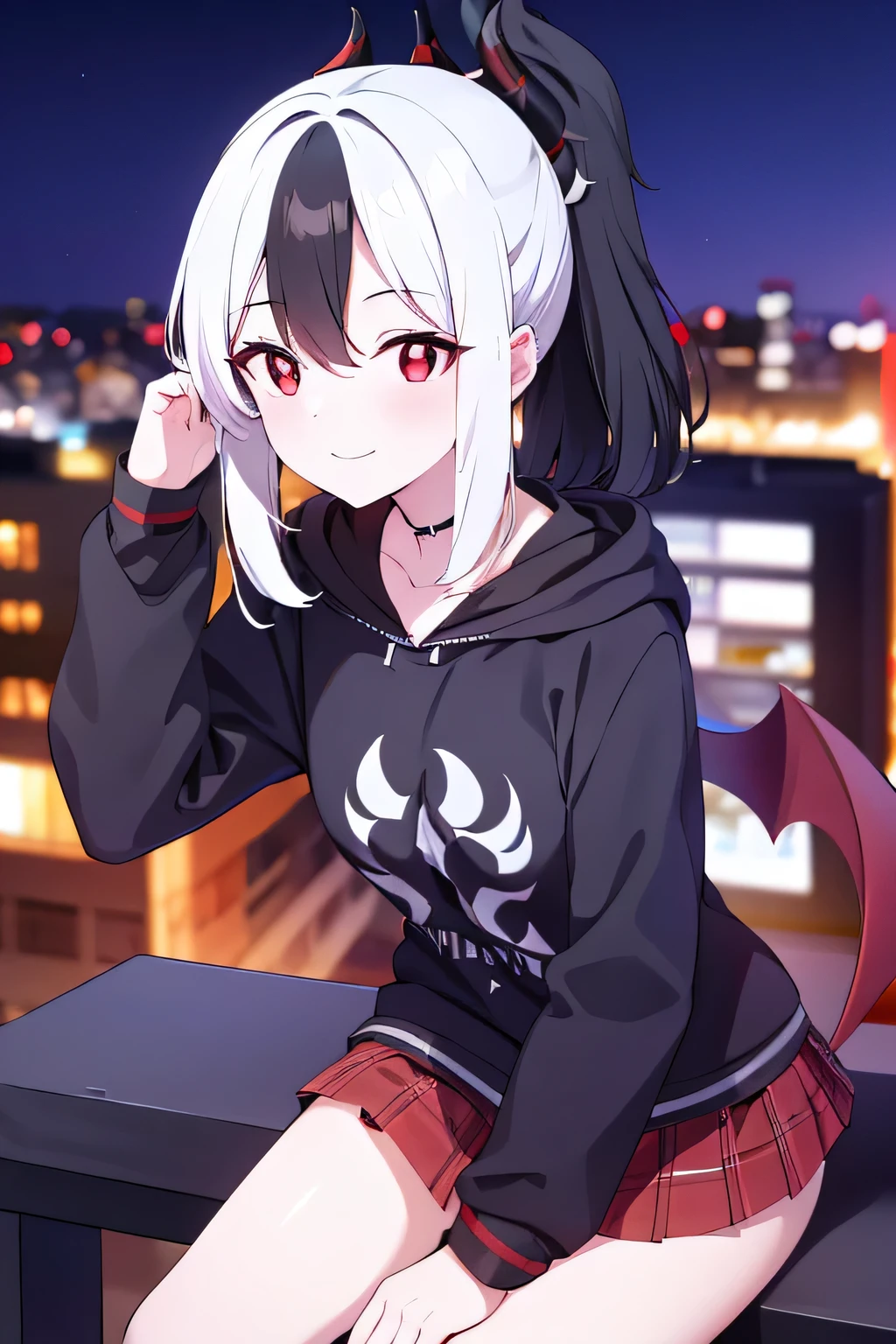 kayoko onikata, black hair, demon horns, hair between eyes, halo, horns, long hair, low wings, mole, mole on collarbone, multicolored hair, ponytail, (red eyes:1.5), single black wing, two-tone hair, white hair, wings, black ponytail, black hoodie, choker, hood, hoodie, pleated skirt, skirt, red skirt,  8k quality, 8k resolutions, in city, neon, nights, upper body, sit, smile