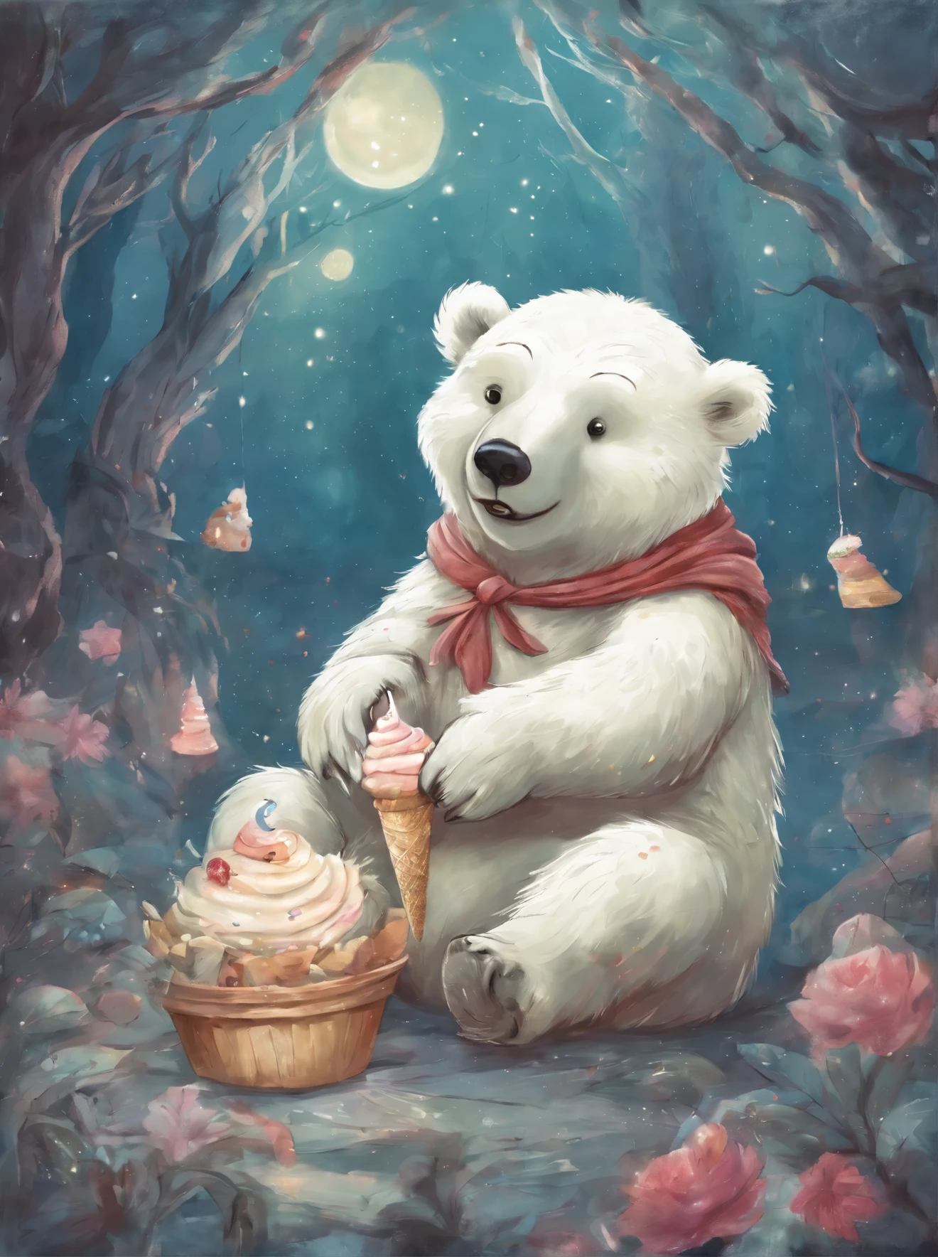 illustration of polar bear eating ice cream, smiling, kids book illustration, moody