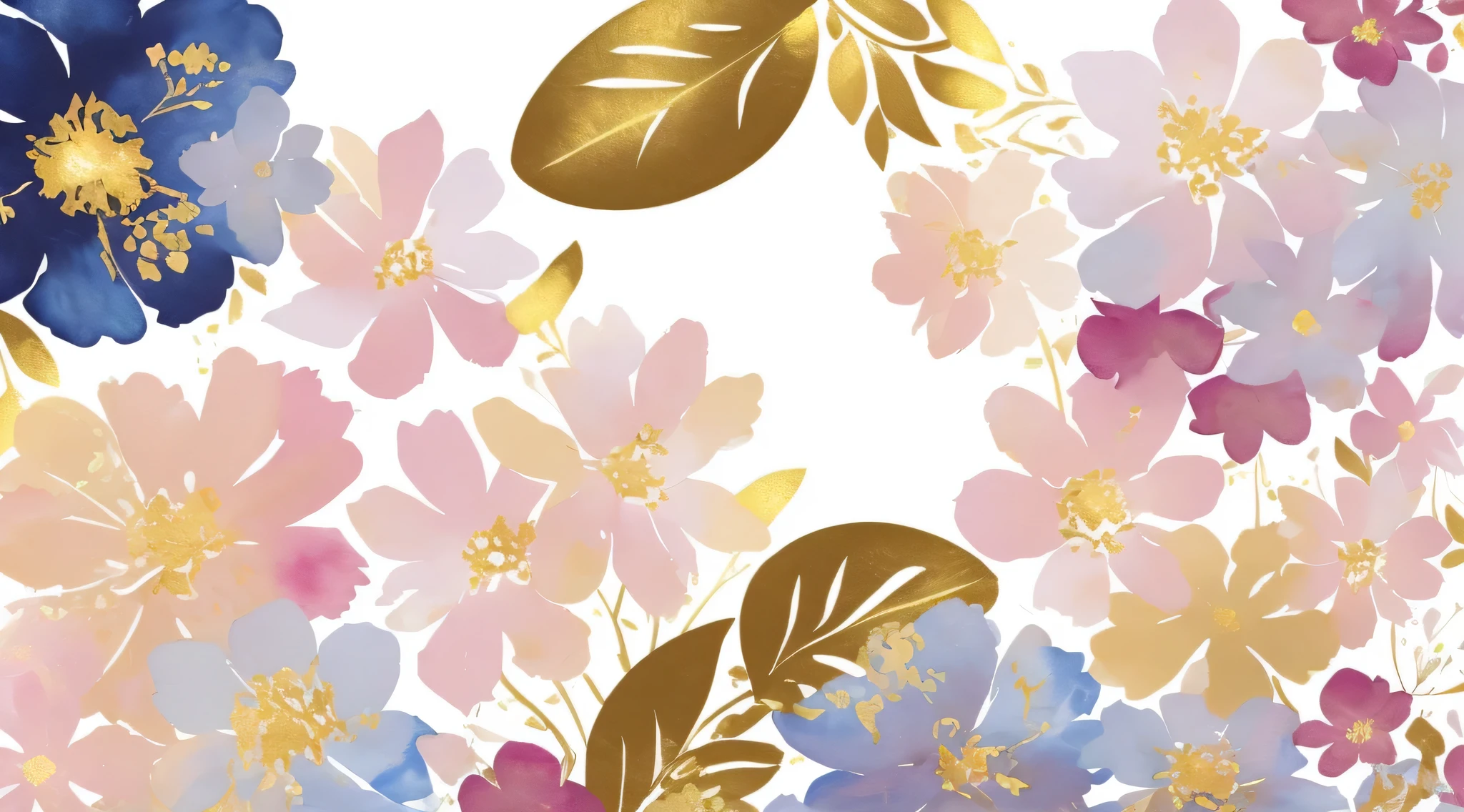 there is a painting of flowers and gold paint on a white background, dreamy floral background, chaotic gold leaf flowers, floral motives, flowers and gold, patchy flowers, watercolor illustration style, floral details, gold flaked flowers, floral renewal, in style of digital illustration, botanical background, gilded. floral, minimalist background, flower, smeared flowers, stylized flowers