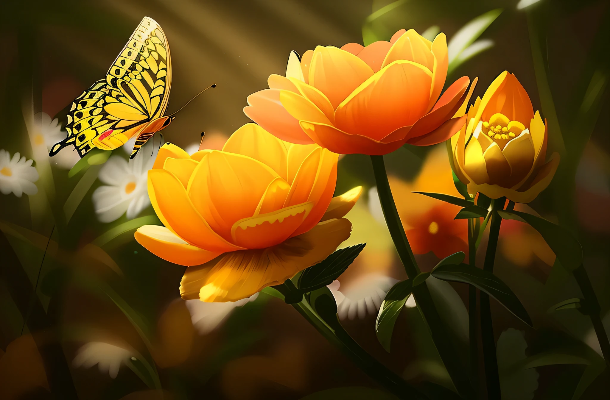 there is a butterfly that is flying over some flowers, flowers and butterflies, harmony of butterfly, orange blooming flowers garden, yellow butterflies, orange flowers, butterflies in the foreground, butterflies and sunrays, butterfly, orange yellow ethereal, beautiful photo, hd wallpaper, beautiful nature, beautiful flowers, very beautiful photo, butterflies flying, beautiful wallpaper, wallpaper - 1 0 2 4