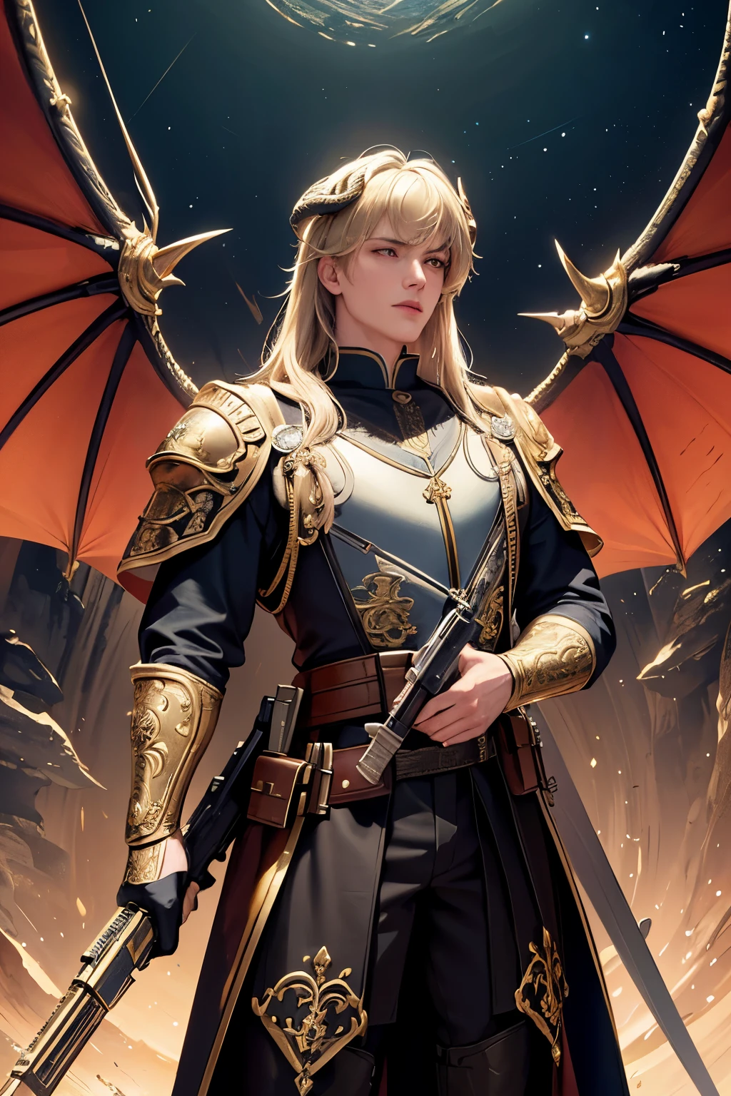 (masterpiece, best quality:1.3),extremely high detailed, intricate, 8k, HDR, wallpaper, cinematic lighting, (universe), 1male, (holding a magic rifle:1.3), halth Dragon, glowing, medieval fantasy robes, glowing eyes, large Dragon wings, Dragon horns, some scales