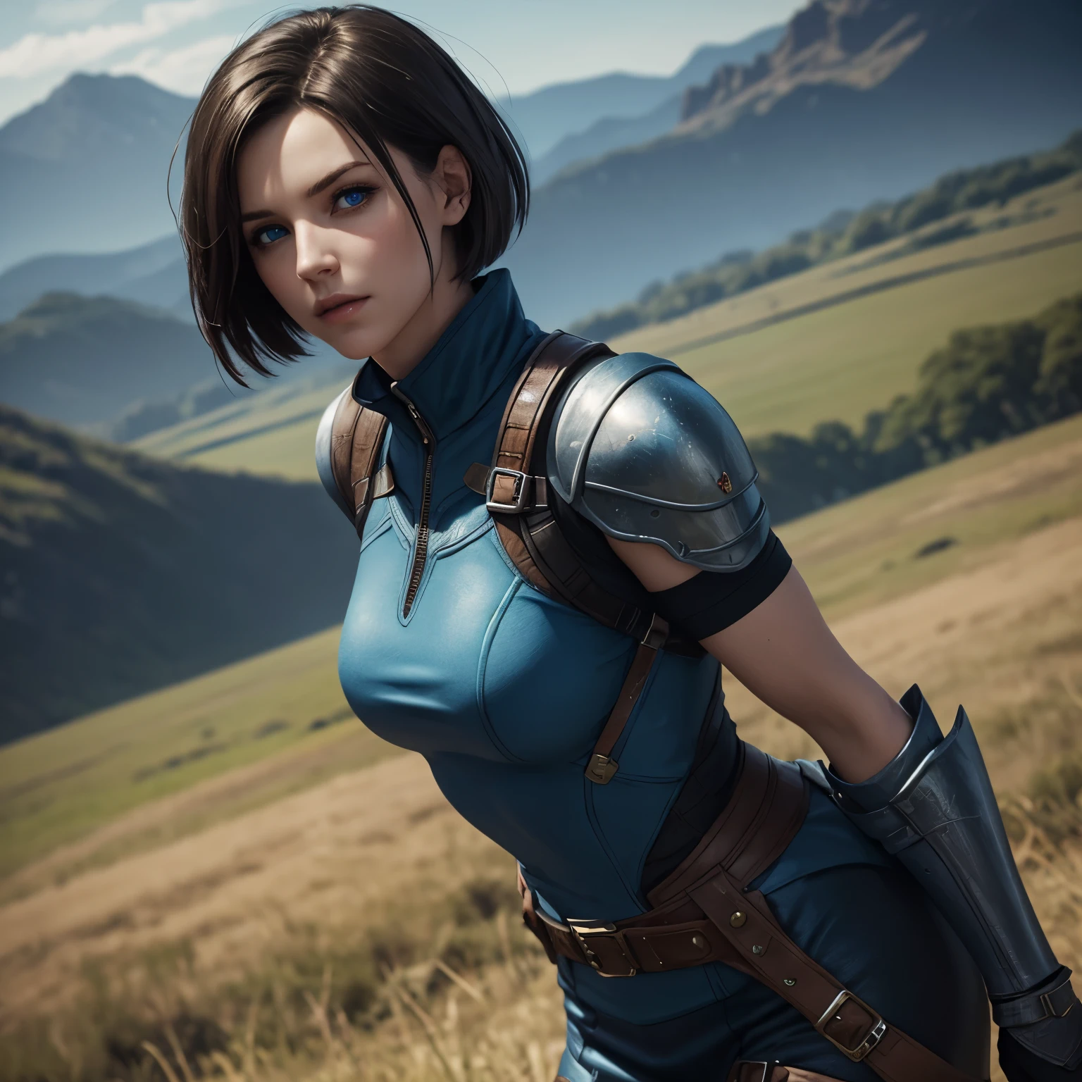 Jill Valentine, solo female, blue eyes, short straight hair, loving look, high fantasy, mage armor, plains land