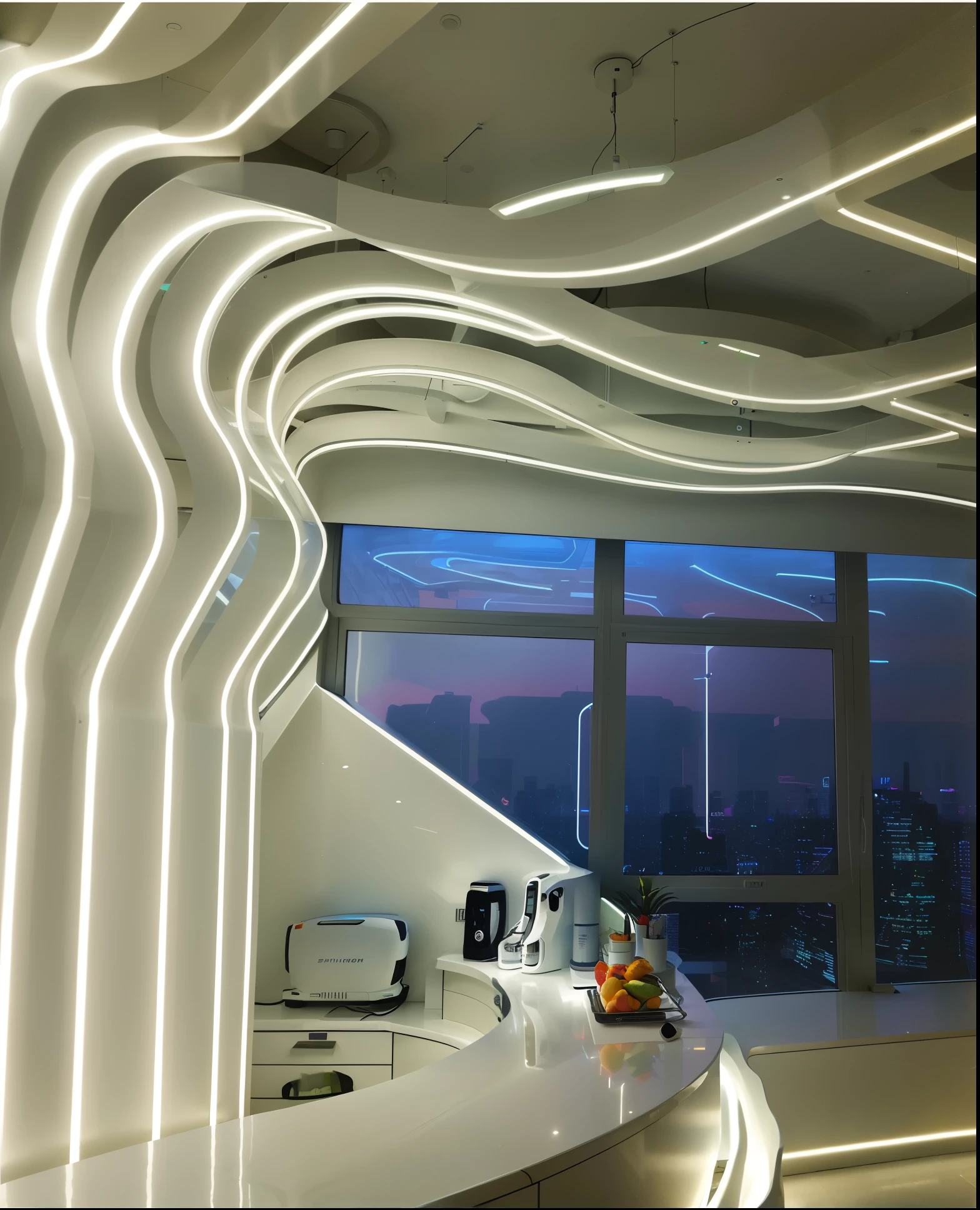There is a white counter with a mirror and a window, inspired by Zha Shibiao, futuristic lighting, Network LED neon light, futuristic decorationation, Zaha Hadid architect's style, white neon light, neon ambient lighting, rococo network neon lights, glowing line, inspired by Zaha Hadid, futuristic decoration, Brightly lit style atmosphere