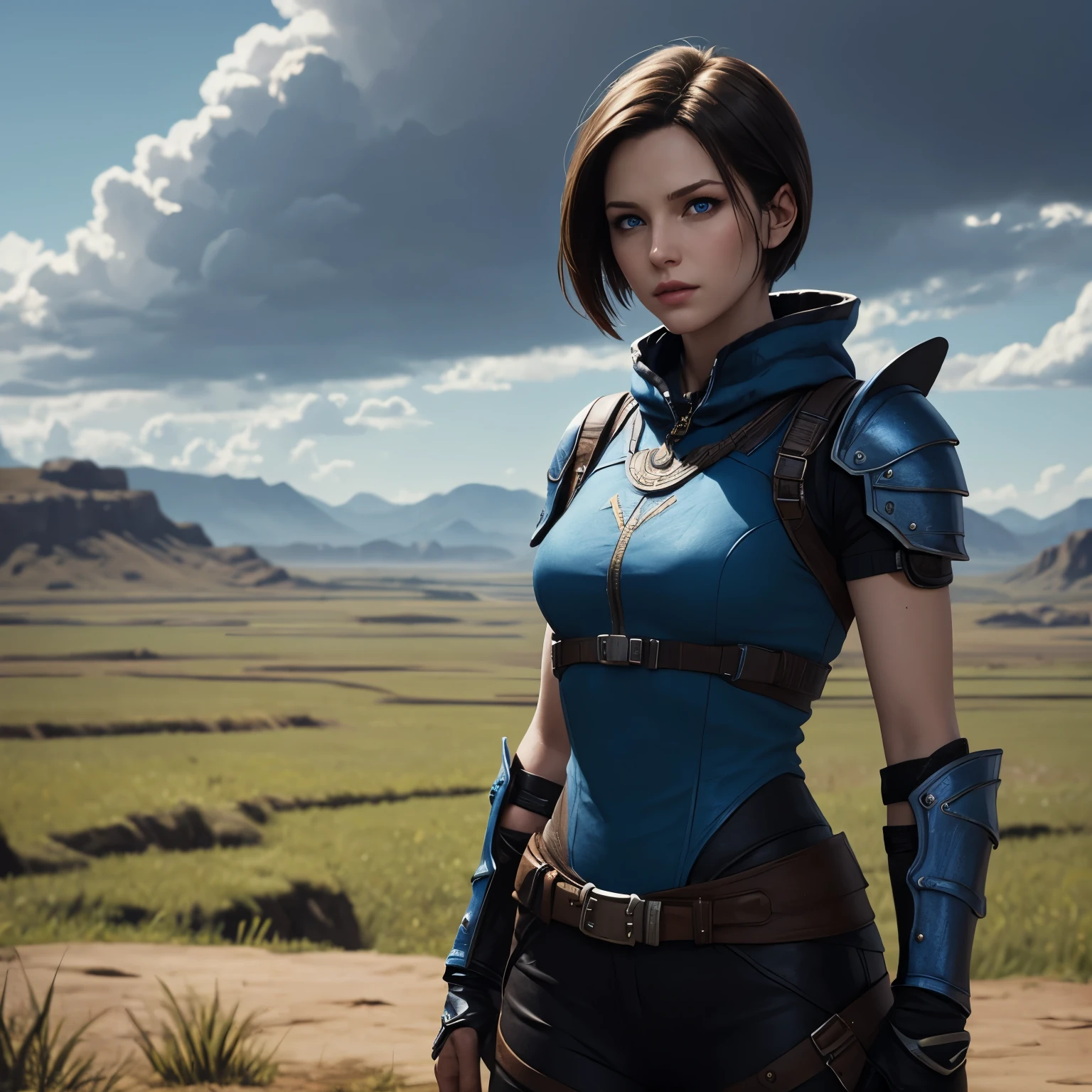 Jill Valentine, solo female, blue eyes, short straight hair, loving look, high fantasy, mage armor, plains land, windy