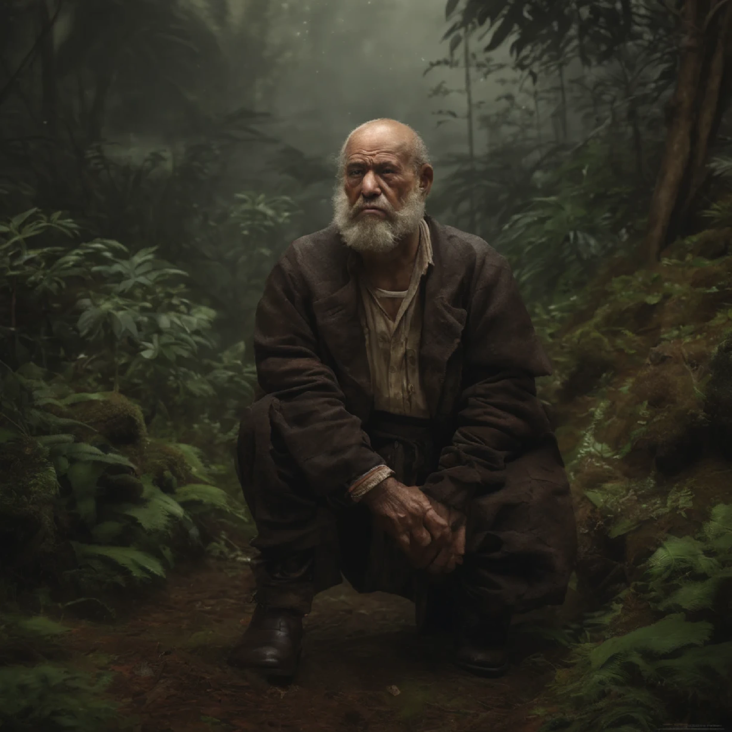 (Ambiente Escuro:0.8), obra de arte, alta qualidade, Absurd resolution, pintura digital (obra de arte), por dagasi, sim,Kiyosan, (antropo, pele fofa, foco do personagem: 1.1), um homem, um personagem, homem gordo, barba cheia, cabelo raspado, roupas de lenhador, floresta densa de pinheiros, neblina densa, luz da lua, Standing, angry expression, gritando