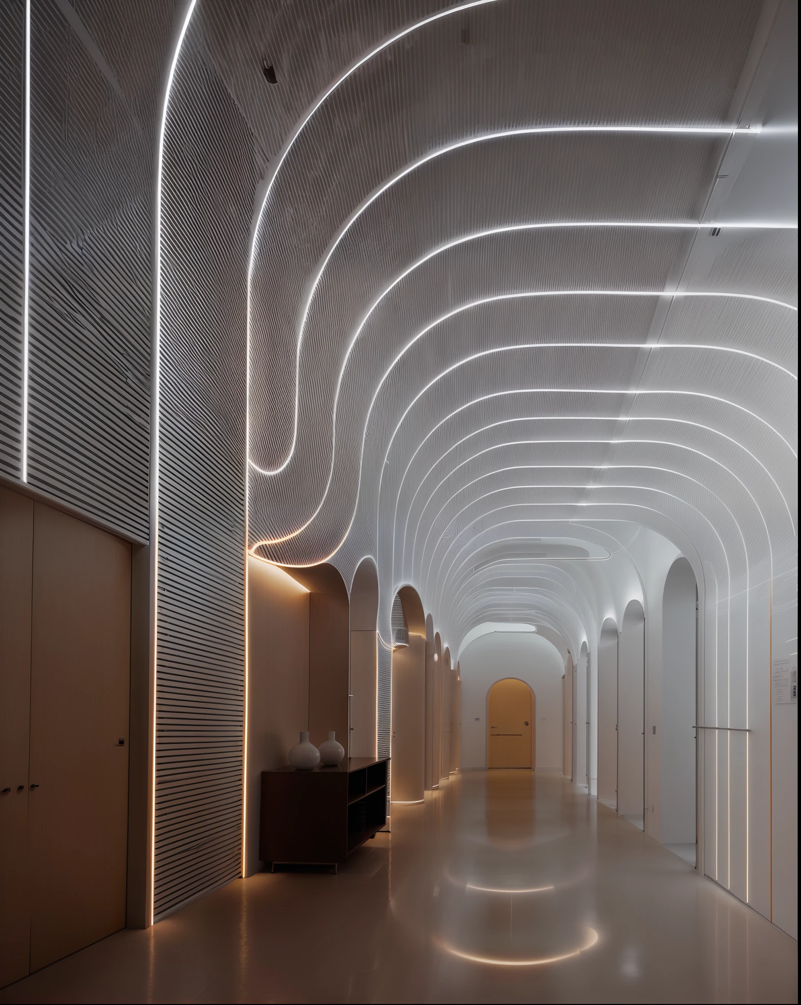 There is a long corridor,There are a lot of lights on it, by Zha Shibiao, curved hallways, round ceiling, rounded architecture, curving geometric arches, circle line, liminal space corridor, curve, indoor liminal space, glowing line, arc, stunning volumetric lighting, intricate lighting line, steel archways, lighting line