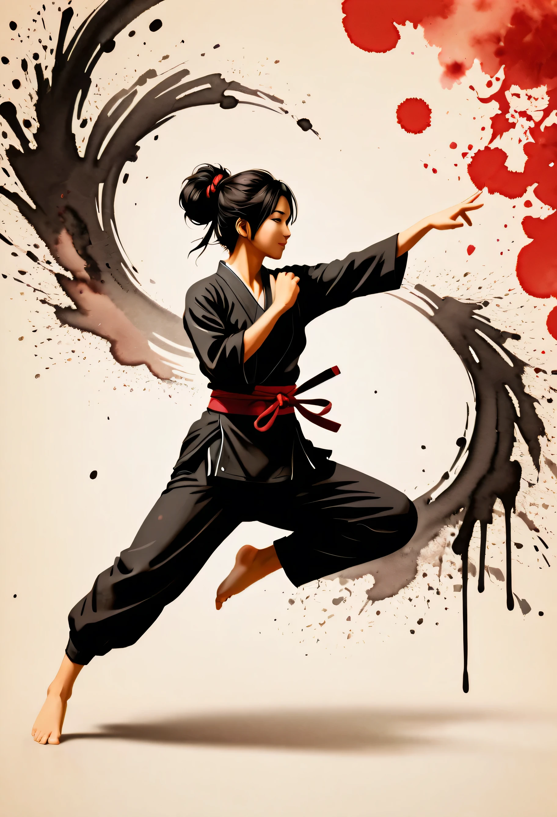 (tinta_Espirrar_until):1.5), ((mais escuro_insano_silhueta_illustration):1.2), ((Japanese_tinta_until):1.3),((Movie-like still images and dynamic angles):1.3), ((silhueta escura legal e bonita):1.1), ((unparalleled sharpness and clarity):1.1), ((Radiosity rendered in stunning 32K resolution):1.3). | karate pose, In the style of tinta Espirrar, Preto e vermelho, quimono, Ink Espirrar until, Atmosfera furtiva, Tinta Espirrar Fundo branco. | She is adopting a ((dynamic_posar como interage, corajosamente movendo-se de uma maneira emocionante):1.3), (genuine_photogenuineistic: 1.37), ((perfeito_Pose):1.5), (((tronco))),((perfeito_dedos, melhorar_hands, perfeito_hands, perfeito_pernas):0.7), (((mais_detalhe))).