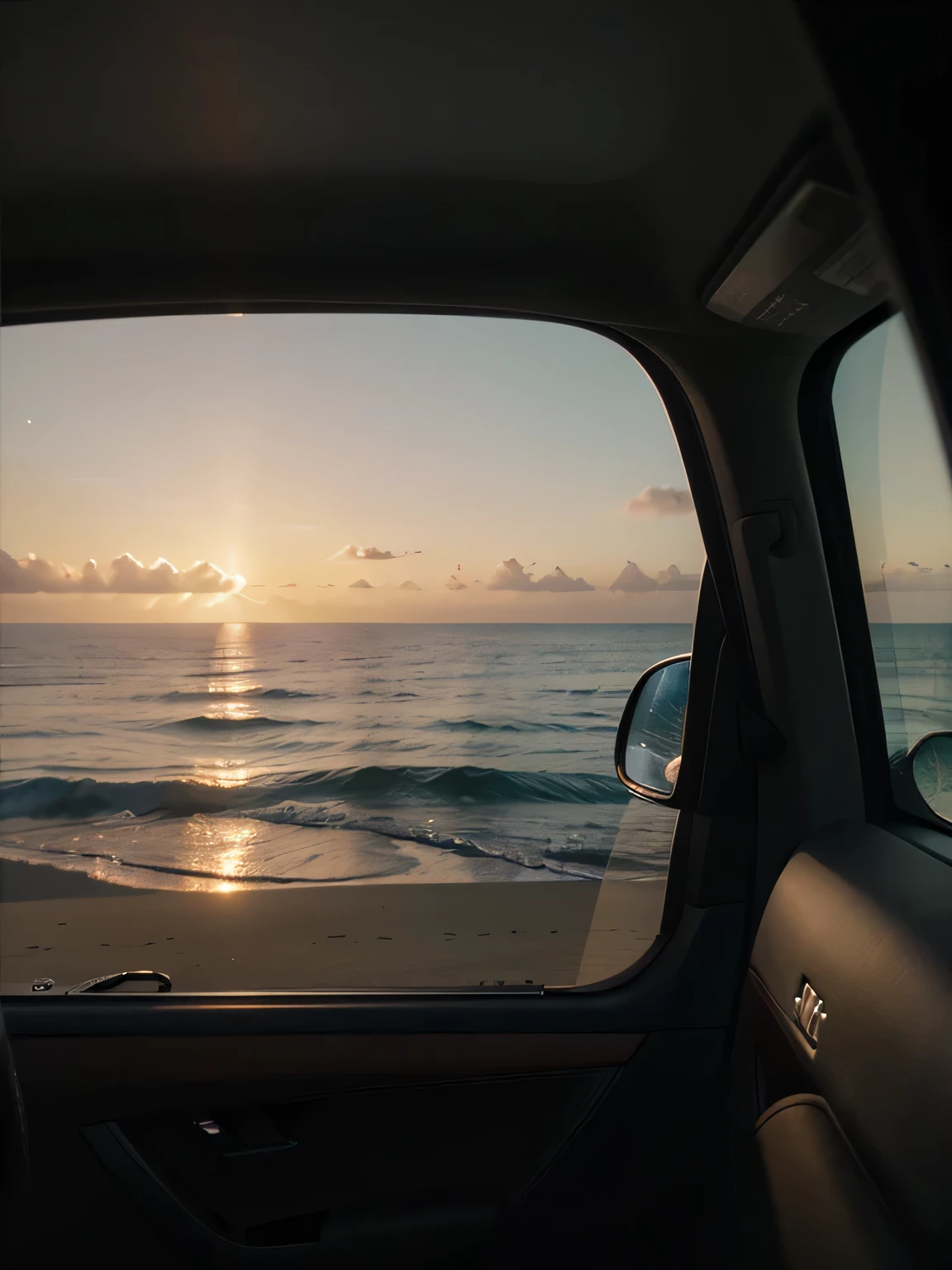 A photo of the sunset over the sea as seen through the driver's side window, ambient light, volumetric lighting, raytracing, reflection, refraction, subsurface scattering, raycast, raycasting, moon beams, hdr, sharp focus, extreme focus, super detailed focus, dof, extreme dof, bokeh, extreme bokeh, high quality, highest quality, 8k, 16k, photorealistic, photoreal