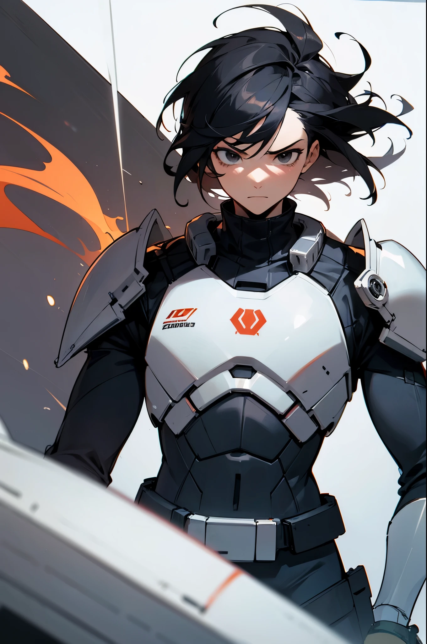 star wars,Medium Length hair , black eyes , charcoal black hair, serious expression, red storm trooper armor,young male, muscular,
