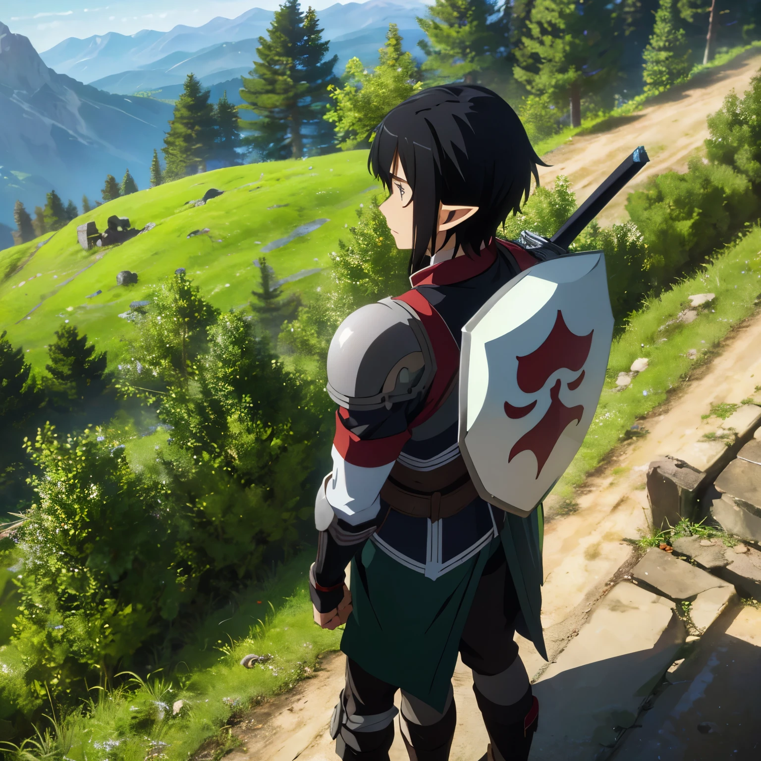 An anime character that is a male that is 19years old and muscular,that is half human half elf and he has a unique nice big shield at his back with a sword by his side and some armor on his cloth standing alone on a hill