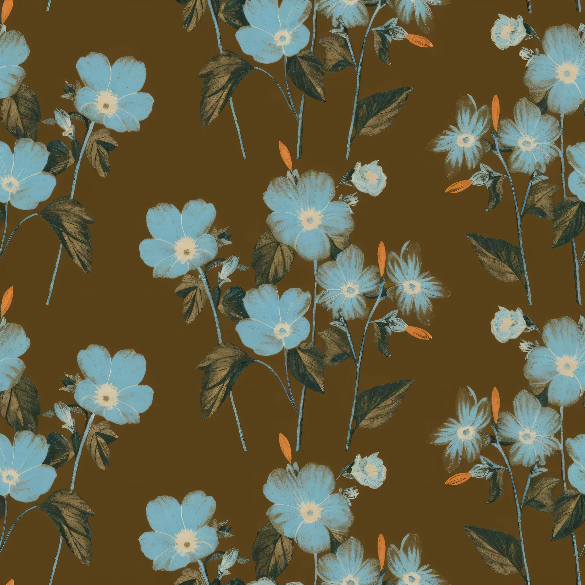 there are many blue flowers on a brown background, brown flowers, background full of brown flowers, floral pattern, seamless pattern design, flowery wallpaper, seamless fabric pattern 8k, dark flower pattern wallpaper, inspired by Mary Beale, floral wallpaper, wallpaper design, garden flowers pattern, computer wallpaper, brown and cyan blue color scheme, inspired by William Morris