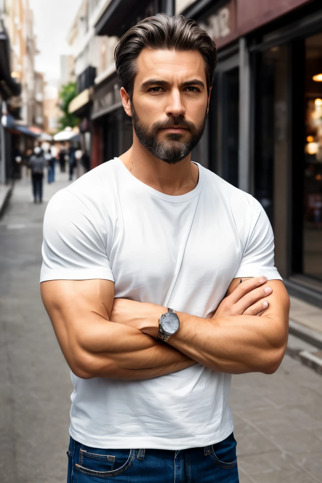 (Highest quality, amazing details: 1.4), masterpiece, original characters, natural volumetric lighting and better shadows, deep depth of field, sharp focus, portrait of the man 45 years incredibly beautiful muscles, full body, beautiful face manly, beard, attractive with clear eyes, seductive smile, shaggy short gray hair, smoking, white tight shirt, jeanessy painted body: 1.05), (street background with shops: 1.15), shopping street, (standing with arms crossed: 1.2), picturesque, overexposure, photorealism, photorealistic, nsfw, sexy,, sharp, focused, centered, sensual, HD, 8k, DSLR, RAW