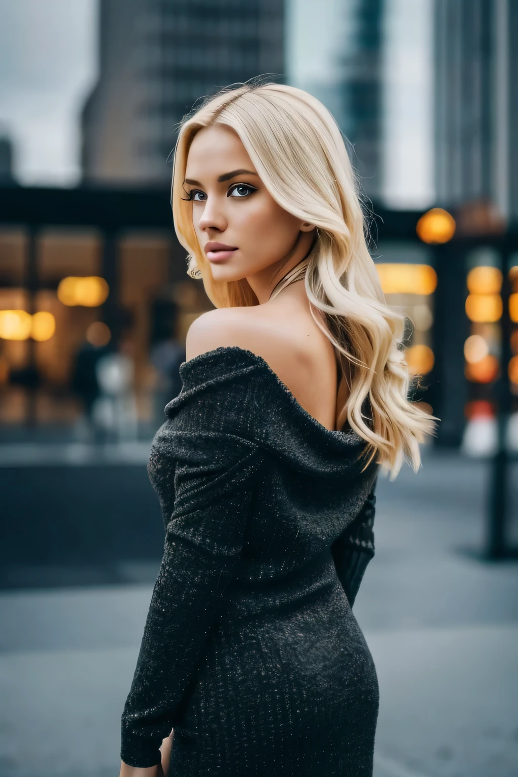 blonde adult woman with long blonde hair, wearing long warm wool long sleeve black dress, open-shoulder dress, short tight black neckless, outdoor city scene, Full body, front side view, looking at viewer, (extremely detailed 8k wallpaper), mood lighting, high quality, film grain, Fujifilm XT3 sharp focus, f 5.6, 50mm, High Detail, Sharp focus, (DAY light), (seductive), Realistic, crazy details, complex details, hyper detailed