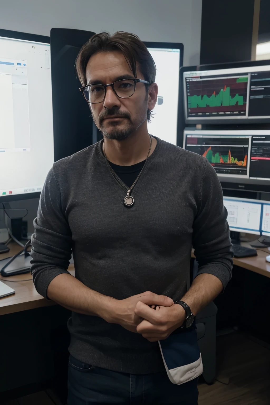 foto tipo selfie, 55-year-old man, con lentes tipo nerds,Obra maestra, La mejor calidad, Hiper realilsta,Altas Resoluciones, altura 1.65 metros,92 kilos, traje italiano, realista, 1 hombre, solamente, calvo, sin posar, Mirando al espectador, en oficina ejecutiva empresa dedicada a las criptomonedas, realtar detalles con pantalla de fondo demovimientos en el mercado bursatil.