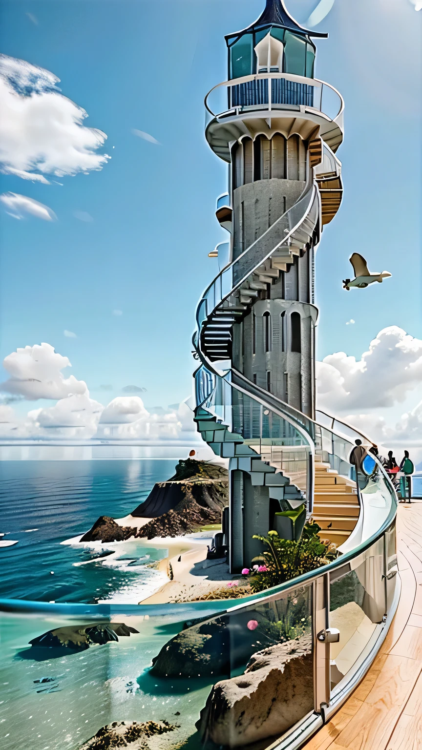 there is a tower ABOVE THE SEA as if it were the tip of an iceberg, com escadas envolventes que chegam ao seu topo. passarelas levam os visitantes da AREIA para ACIMA DO MAR, on a glass walkway to observe the marine life that occurs below your feet. Realistic rendering on a sunny day. 