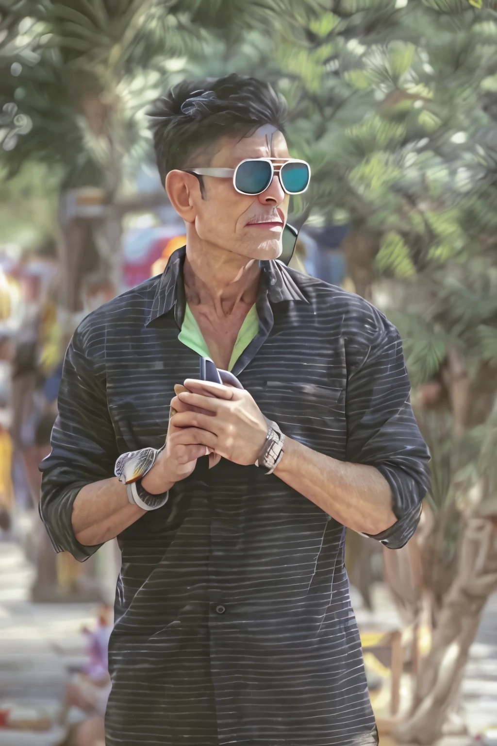 araffe man in plaid shirt talking on cell phone on sidewalk, in sunny weather, with a cool pose, around 1 , with sunglass, full body photogenic shot, very artistic pose, candid picture, inspired by Kailash Chandra Meher, in front of a temple, wearing a kurta, in city street, jayison devadas style