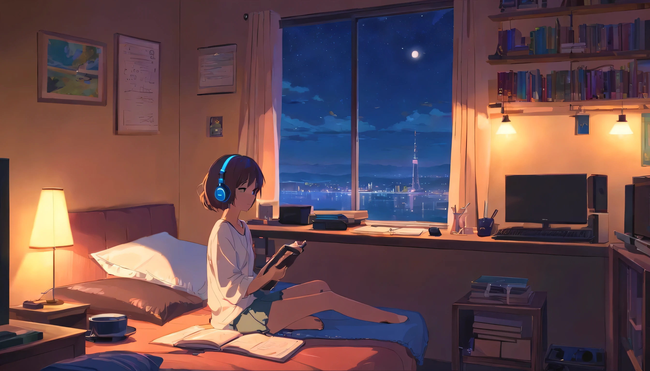 Girl listening to music and studying in a cozy room at night, Usando fones de ouvido, Anime estilo 2D, lo-fi, hard disk, 16:9