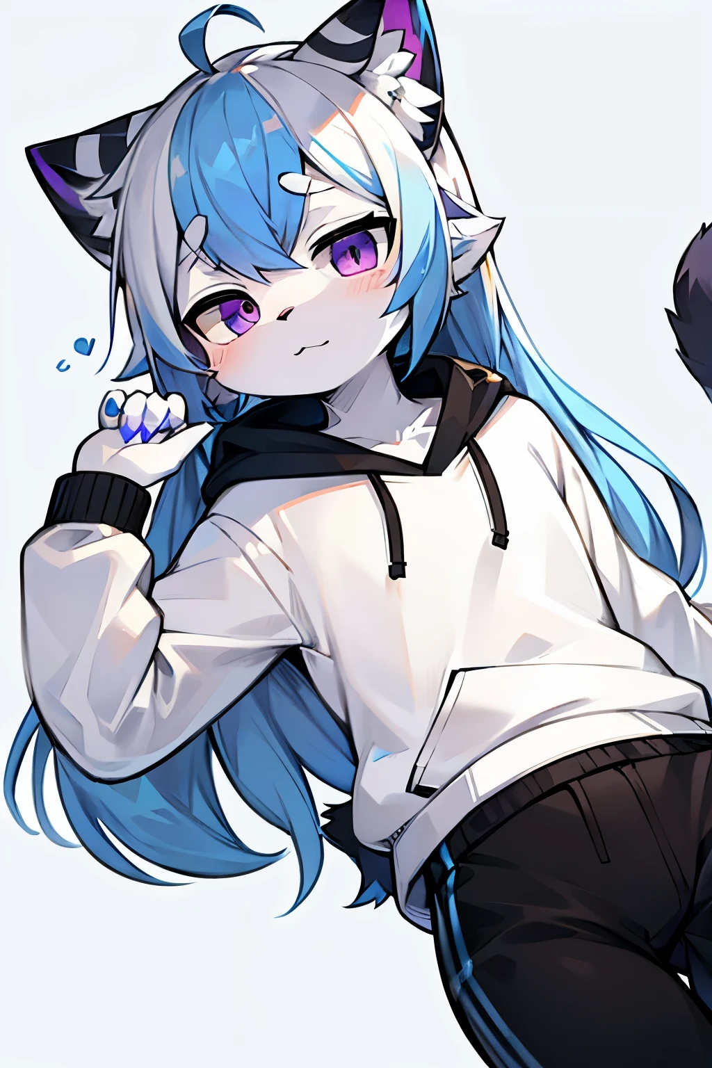 Cat,hairy,furry,bust avatar,Colorful Patterned White Sweatshirt,Black casual pants with white stripes,Q version,cute,Simple art style,Cartoon style,purple eyes,dark circles,Facial paralysis of the face,Ears with blue hair and ear tips with white hair,blue hair on back,Tail blue with white tip,