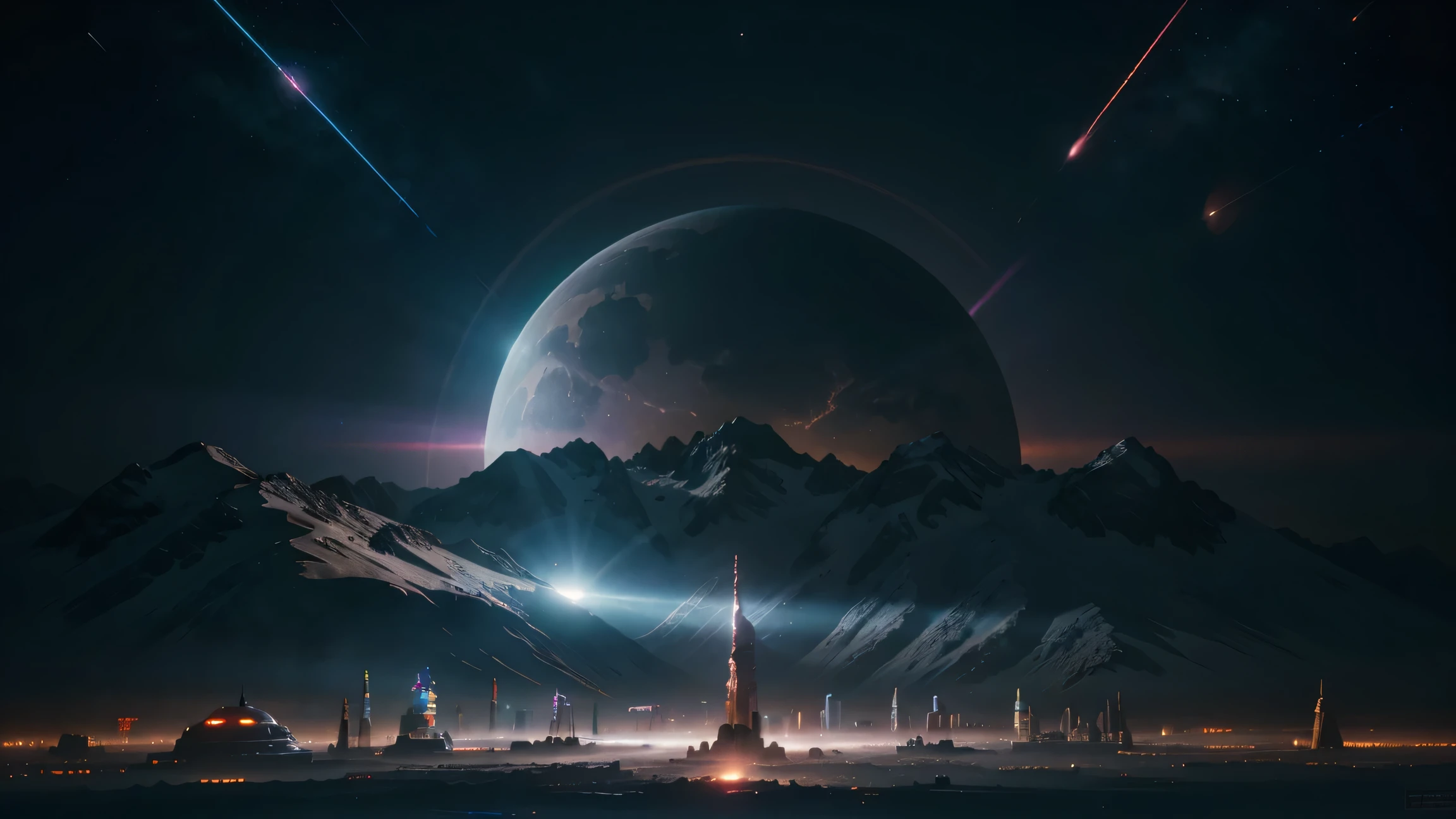 wallpaper, sci-fi space theme ,alien planet, psychedelic atmosphere, glowing nebulas, cosmic dust particles, colorful lighting, space ships sailing around, highly detailed, photorealistic, volumetric lighting, octane render, 8 k resolution, masterpiece view of a bustling cityscape on a densely populated futuristic planet, with various species and technologies coexisting, vibrant, dramatic lighting, epic composition, intricate, elegant, volumetric lighting, digital painting, highly detailed, sharp focus, illustration