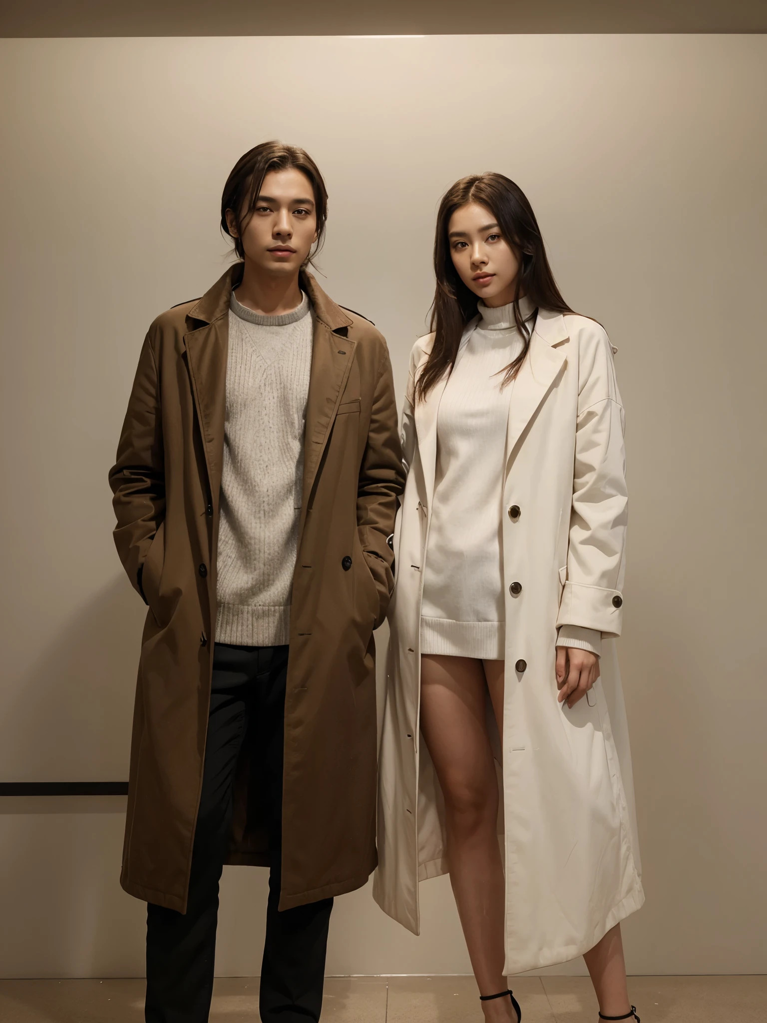 a man and a woman standing next to each other, an image, inspired by Adam Dario Keel, which is trending in the cg community, beautiful young Korean woman, long coat, movie screencap, model elisajes from acquamodels