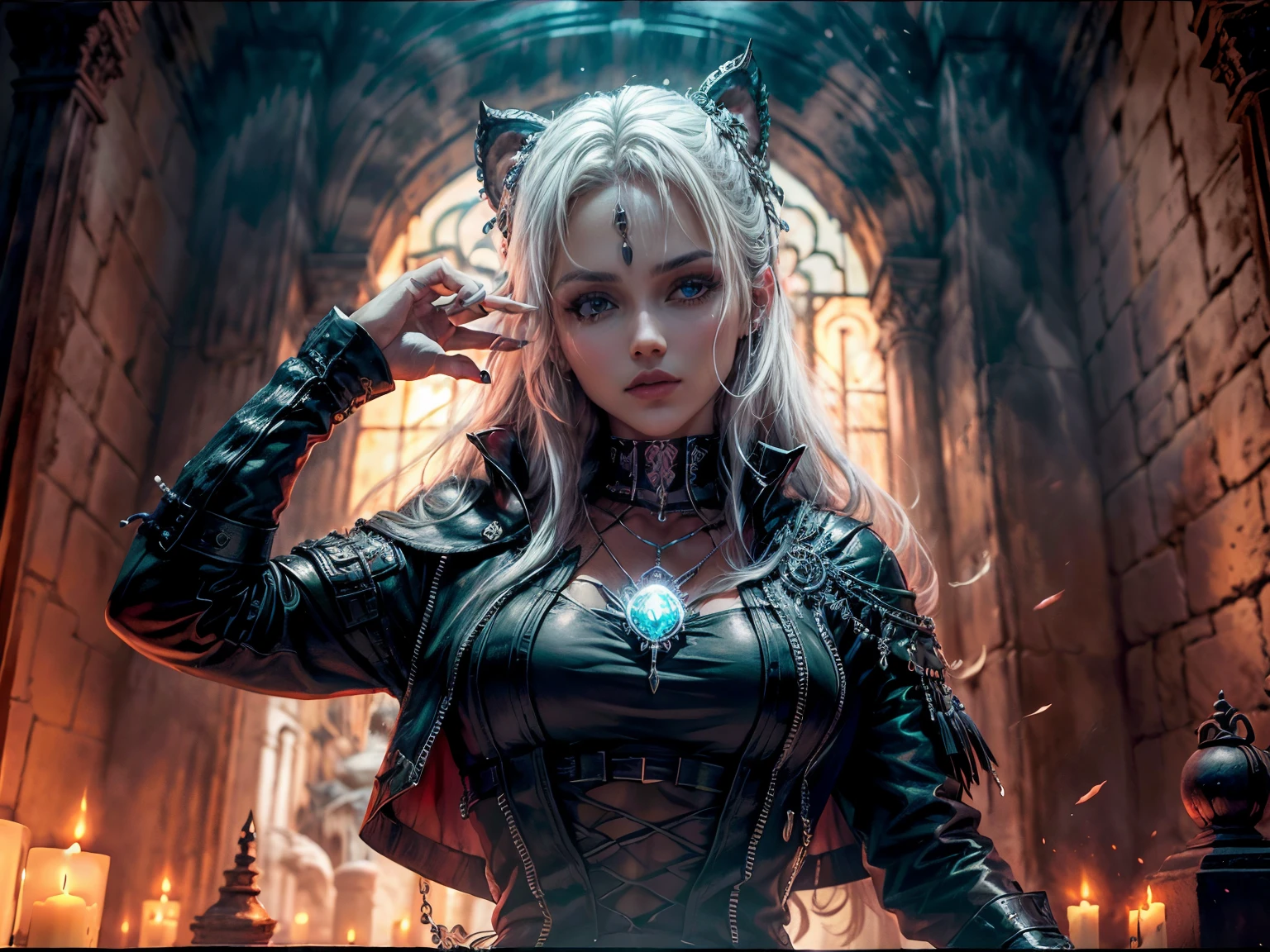 ((Mejor calidad)), ((Obra maestra)), (Muy detallado: 1.3), 3D, NeonBlack, Hermoso ciberpunk , lobo, (strange pendant on the chest: 1.2), (pupilas en forma de diamante: 1.2), (vistiendo una capa larga con capucha roja: 1.2), (usando una capucha: 1.2), velas brillando con una luz espeluznante, (blanco que emana: 1.1), disdainful eyes, lloviendo, en un castillo en ruinas, sentado en el trono, Lente maestra Sony,