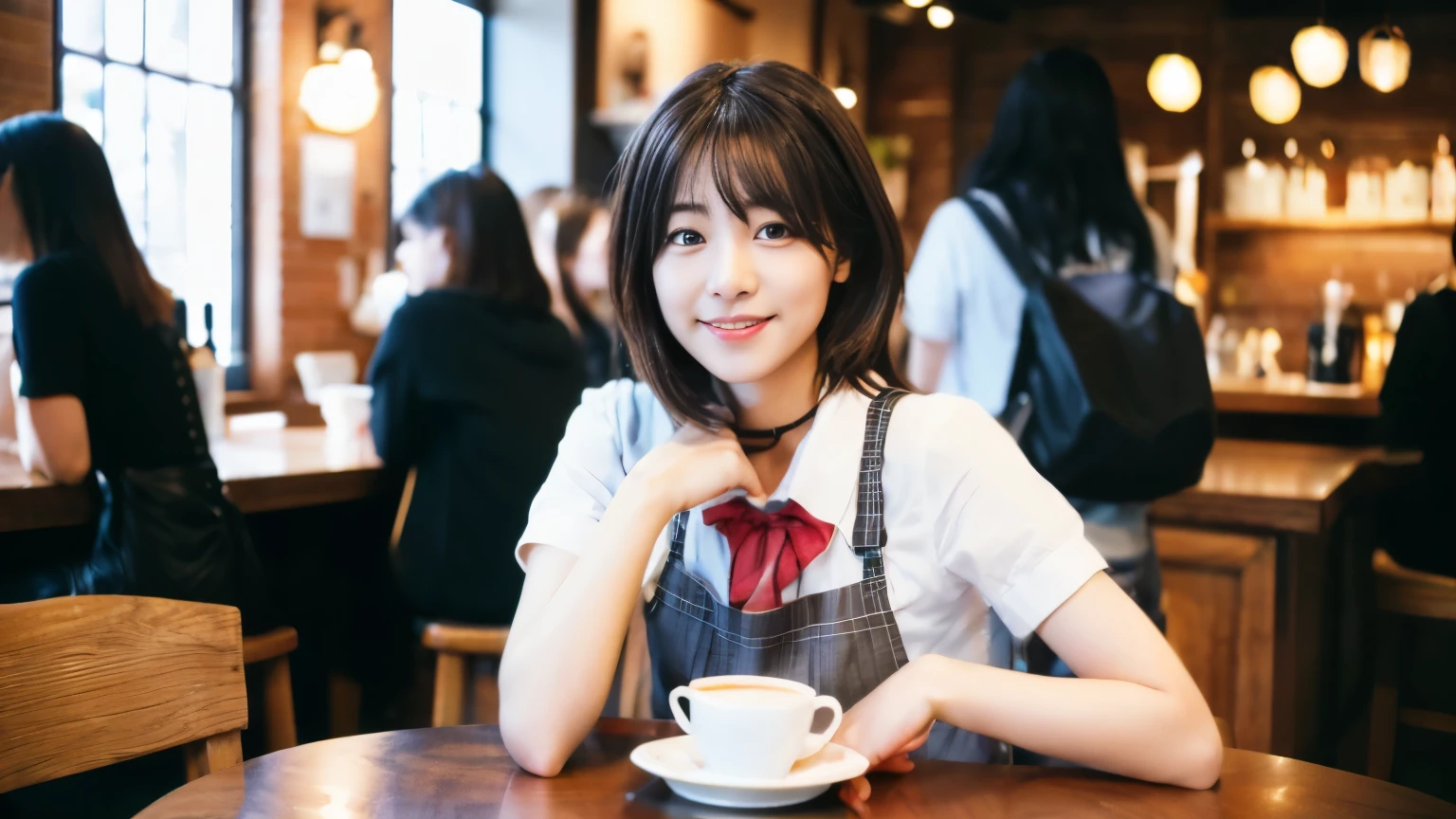 (highest quality、In 8K、32K、masterpiece、nffsw、超A high resolution、Impressionism、Photoreal:1.2)、cowboy shot、sharp focus、detailed face and eyes、(There is a plate of cake and coffee on the table, Cafe, sit at a mocha-colored table, dessert, ミニチュアCafeジオラマ, ダイナーCafe, at the coffee shop, 居心地の良いCafeの背景, enjoying coffee at a coffee shop, Cafeに座っている, Taken with Sony Alpha 1 camera, by Maki Haku)、sharp pupils、beautiful face、20 year old beautiful girl、shiny skin、medium short、beautiful dark brown hair、dull bangs、shirt、tie、plaid mini skirt、black socks、(Smile:1.2)、ニューヨークの明るく活気あるCafeの中で、A scene in which a beautiful model-like woman is immersed in reading..。she is a japanese university student、茶髪のmedium shortヘアをしており、It stands out for its beauty。Female college student、he was concentrating on the book on the table in front of her.、everything around you, I see other customers enjoying themselves.。Cafeの奥では、Staff are busy working at the counter.、都市のCafe特有のにぎわいと温かみが感じられる。This scene is、静かな読書タイムを楽しむFemale college studentの穏やかな美しさ.、Cafeの活気ある日常生活が融合した瞬間を捉えています。