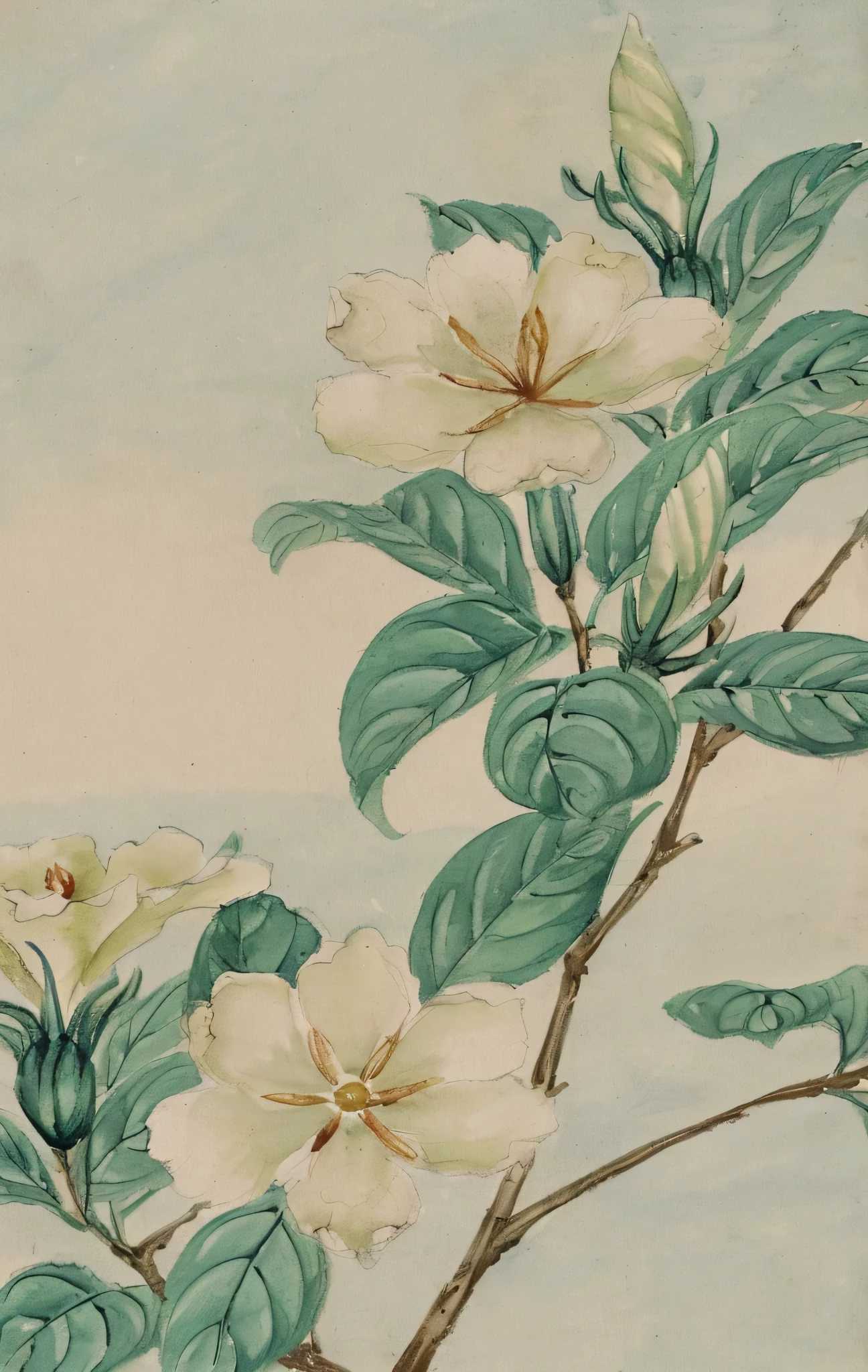 there is a painting of a flower with green leaves on it, inspired by Koson Ohara, inspired by Charles Maurice Detmold, inspired by Katsushika Ōi, botanical artwork, inspired by Xie Shichen, by Tōshi Yoshida, by Katsukawa Shunsen, by Nakahara Nantenbō