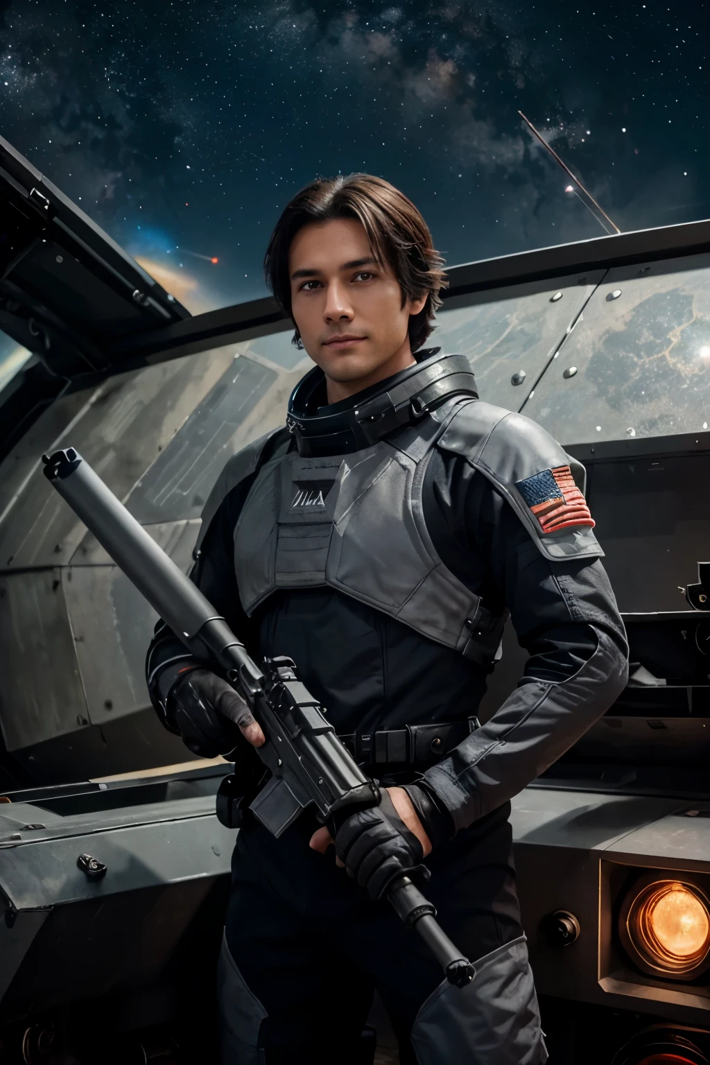 high detail male 5'6" in armored space suit holding a rifle with a large barrel standing in from of a space ship with stars in the background. no helmet black hair brown eyes half grin on face. suit color is black with grey highlights, rifle is grey with red running along barrel. Spacecraft is red
