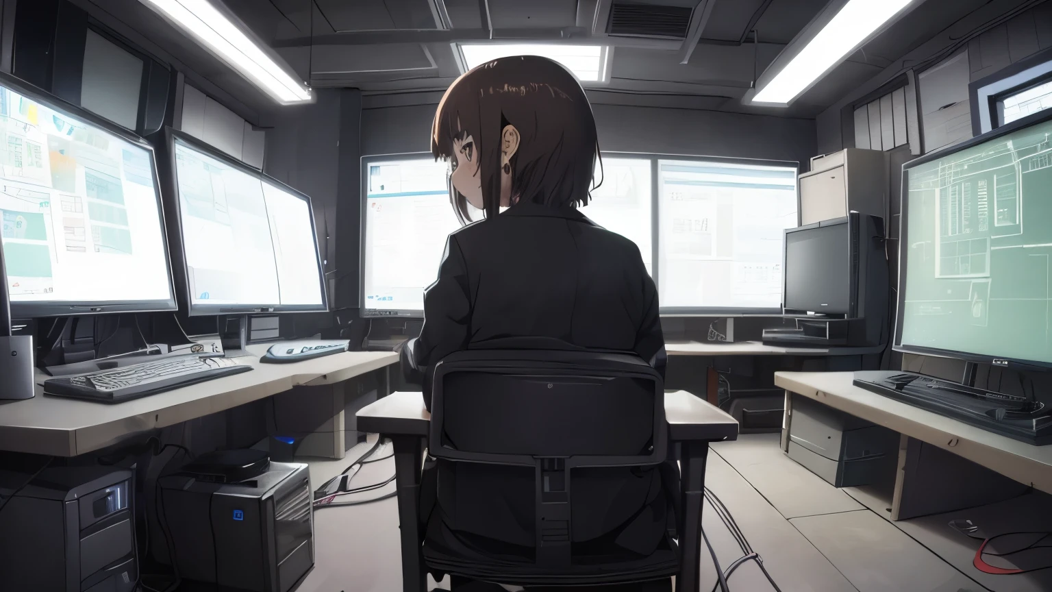 ((masterpiece, best quality;1.3)), ultra detailed, 1girl, solo,Lain Iwakura (Serial Experiments Lain),school uniform, looking at viewer,cute girl, sitted on a chair, cyber punk, lots of computers, lots of large CRT monitors, hacker's room, lots of power cordS, lots of power keyboards, frontview, monitor behind, white board, multi monitors, dark room, bright monitors