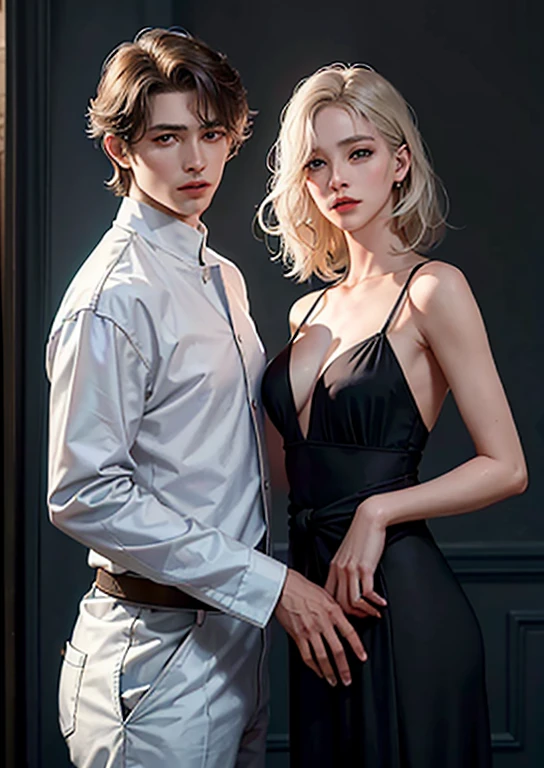film poster, papillon, la science-fiction, film, Atmosphère, ciel, male and female couple, femme blonde et cheveux longs, adulte, (realism: 1.4), superior quality, chef-d&#39;artwork, male, mince, (1 homme, chemise ample , pantalon , spectateur regarder, cheveux bruns, yeux gris, closed mouth, haut du corps), (Visage d&#39;idole, Korean Face, eye-liner pointu) (male), (Mise au point du visage, Je pourrais, Lightning in the film, (light spring theme, homme aux cheveux courts),((close-up of female face on background of man standing in foreground))