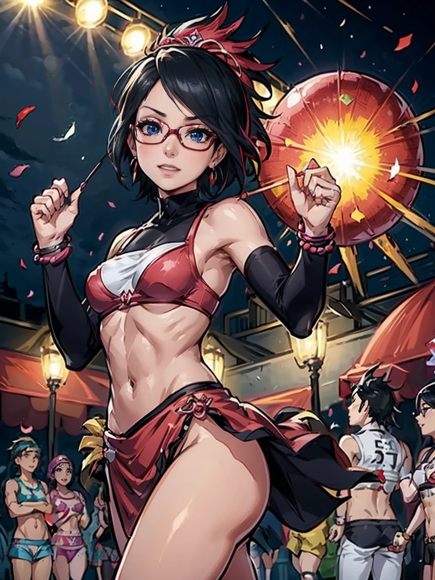 ((1girl, solo ,alone, Sarada Uchiha, short hair, (( dark eyes, bracelets, ruby earrings, ((black eyes, small breasts, fitness)), glasses)), uchiha sarada)), (best quality,4k,8k,highres,masterpiece:1.2),((muscular, fitness, rolling)),ultra-detailed, detailed portrait,beautiful detailed eyes,beautiful detailed lips,extremely detailed eyes and face,long eyelashes,((small breasts, black eyes),Sarada Uchiha,uchiha sarada,short hair,glasses,black eyes,pink lipstick),(wearing samba dance dress,carnival party,vibrant colors,energetic atmosphere,night time scene),crowd of people,dancing,celebration,confetti,fireworks,glamorous stage lighting,party atmosphere,joyful expression,confident posture,sparkling jewelry,feather headpiece,carnival masks,smoky makeup,intense focus,latin music beats,samba dancers,energetic dance moves,cheering crowd,spectacular performance,emotional connection,exhilarating energy,memorable experience,unforgettable night