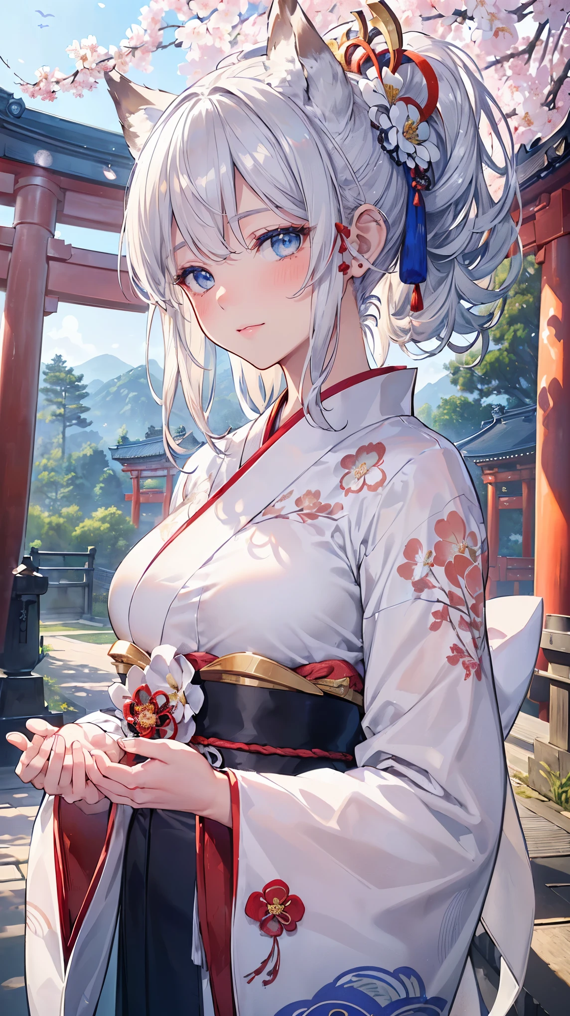 (((Masterpiece))), (((Highest quality))), ((Ultra-detailed)), ((Super fine illustration)), ((Ultra-fine painting)), (16K highest quality wallpaper:1.4), (Upper body:1.6), HDR, (Highly detailed and delicate illustration style:1.8), Detailed skin texture, Detailed cloth texture, Extreme detailed description, (T-masterpiece), (Highly detailed face:1.2), (Highly detailed silver fox ears:1.2), (Highly detailed shiny silver half updo:1.2), (Highly detailed clear eyes:1.2), Original, RAW photo, Professional, Intricate details, Super details, Direct light:1.6, (Perfect anatomy:1.4), (Highly detailed hands:1.2), (Highly detailed fingers:1.2), (Highly detailed fingertips:1.2), (24-years-old), Real, (Solo:1.8), ((A very beautiful and attractive silver fox fashion model with blue eyes wearing a bright red furisode with a floral pattern:1.4)) BRAKE (Beautiful and adorable silver fox ears:1.6), (Highly detailed and delicate silver fox ears:1.4), (Beautiful and well-shaped big breasts:1.2), (Beautiful and well-shaped buttocks), (Beautiful and shiny silver half updo:1.6), (Highly detailed and delicate silver half updo:1.2), (Beautiful clear blue eyes that shine with great detail:1.6), (Highly detailed and delicate blue eyes:1.2), (Highly detailed face:1.4), (Smile:1.5), (Blush:1.4), (Looking at viewer:1.4), (Celebration:1.4) BRAKE (Bright red furisode with floral pattern:1.4), (Japanese traditional costume:1.2) BRAKE (Concept art:1.2), (Detailed fantasy art:1.2) BRAKE (Highly detailed and delicate Ise Grand Shrine in Mie Prefecture in the background just after noon in spring:1.6), (Standing in front of the torii gate:1.4), (Celebration:1.4), Ise Grand Shrine:1.4, Torii gate of Ise Shrine:1.4, cherry blossoms:1.2, Very beautiful in the sunny sky background just after noon:1.4 BRAKE
