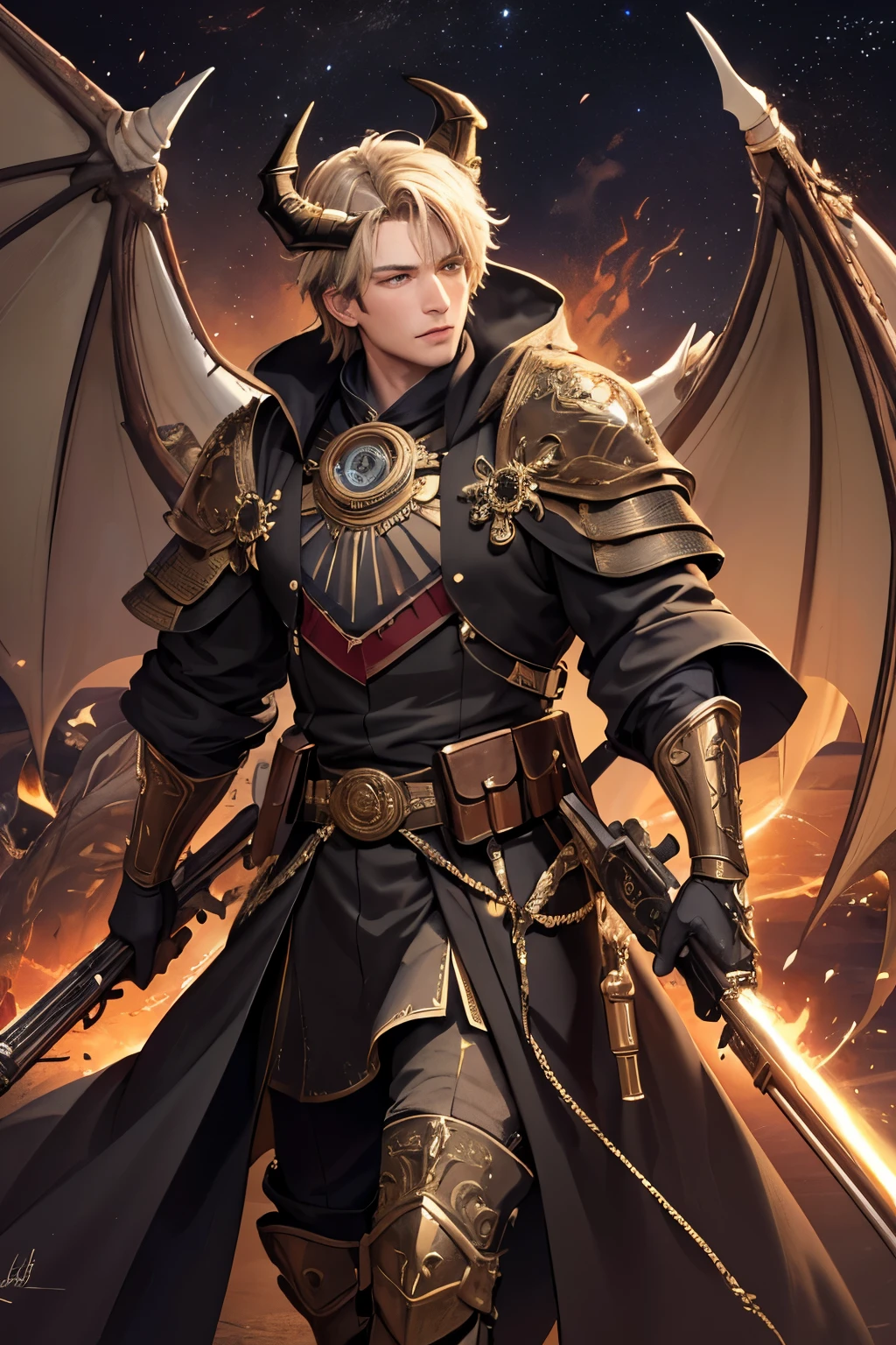 (masterpiece, best quality:1.3),extremely high detailed, intricate, 8k, HDR, wallpaper, cinematic lighting, (universe), 1male, (holding a magitech rifled musket:1.3), halth Dragon, glowing, medieval fantasy robes, glowing eyes, large Dragon wings, Dragon horns, some scales