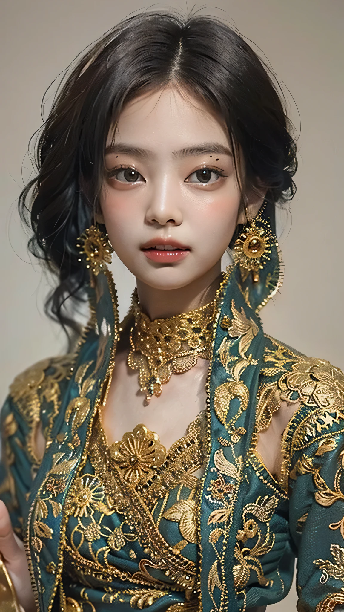 ((Best quality)), ((masterpiece)), (highly detailed:1.3), 3D, beautiful woman with long black hair, wearing kebaya indonesia traditional clothes looking at camera, action