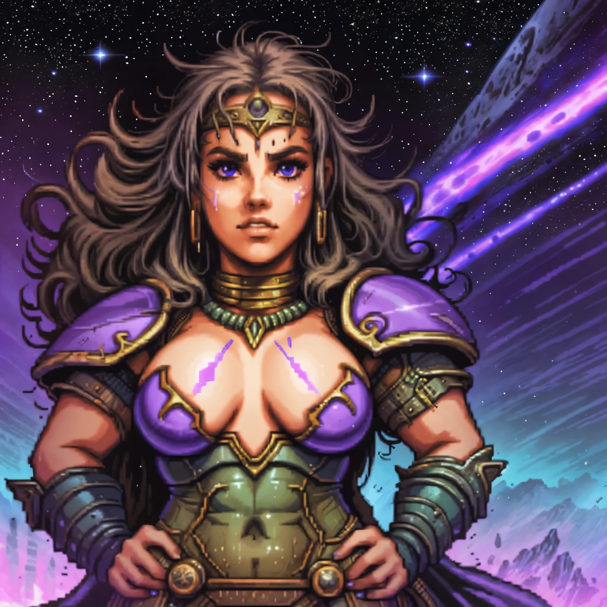 One barbarian girl, space-warrior girl, cyborg girl, beautiful bbw girl, whole body, chubby girl, woman-warrior, whole body, nude body, Perfect skin, space background, dark fantasy, Luis Royo style, Science fiction, 80s, 16-bit game, VHS era, planet in space background, purple lightning, psychedelic color background, smog, fog, swamp, girl in swamp