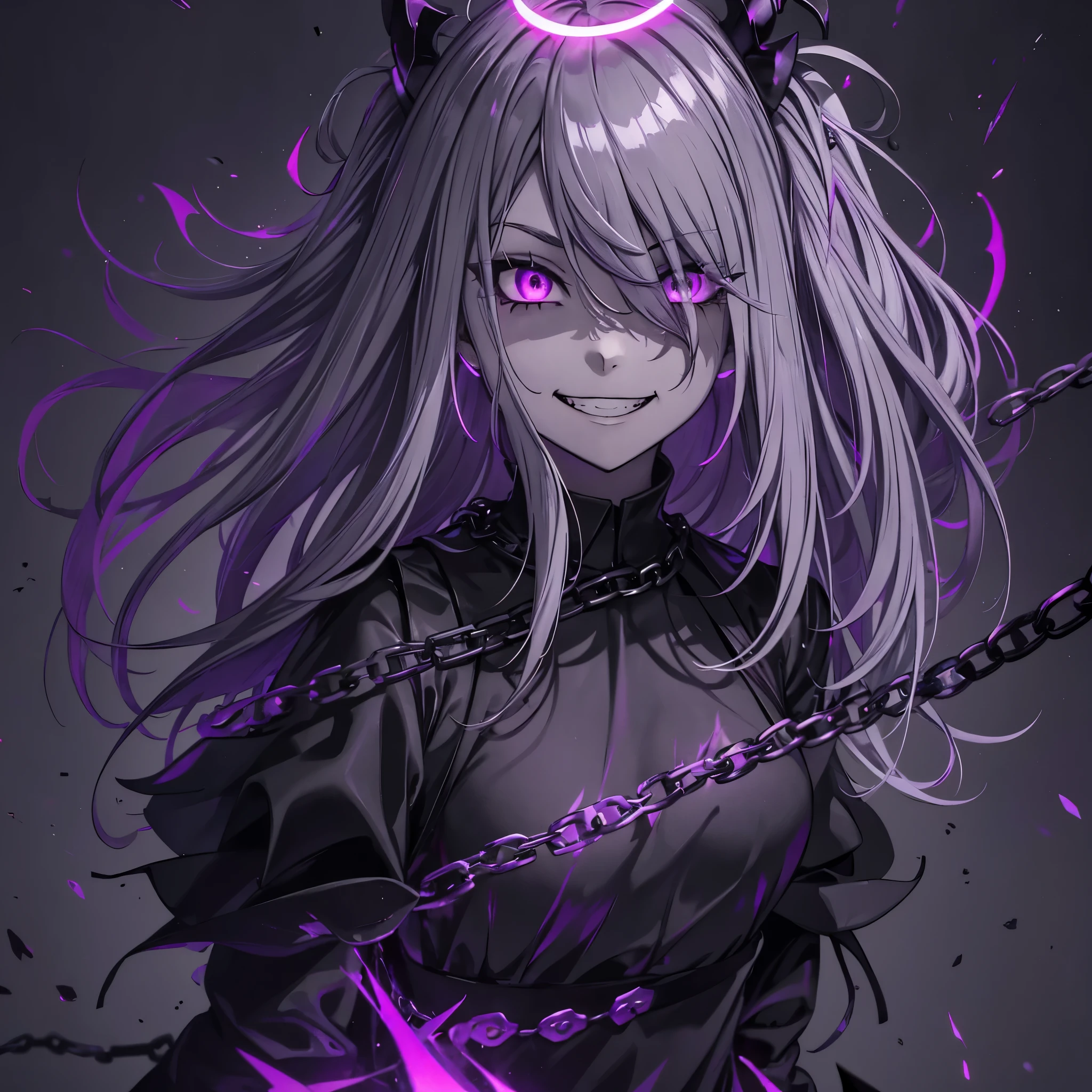 1 girl, wallpaper, whole picture, grey wall background, dark picture, ruined wall background, asymmetric hair, grey hair, multicolored hair, long hair, psycho smile, evil_smile, dark purple eyes, view from the side, looking at viewer, long chain shackles, neon lights in background, , grin, ruffled hair, black dress