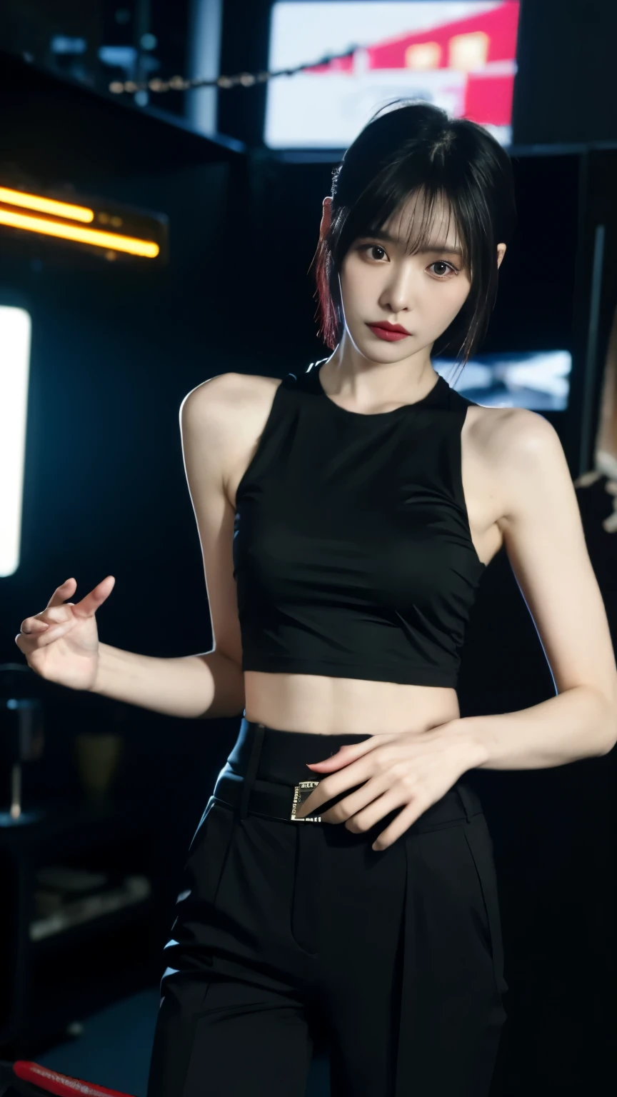 (highest quality)，masterpiece，Super detailed，8K, UHD，Beautiful woman，japanese woman，No expression，whole body，((tattoo))，slim，black slacks，white tank top，(female mafia)，gangster，(cyberpunk city)，night，cinematic lightening，underworld