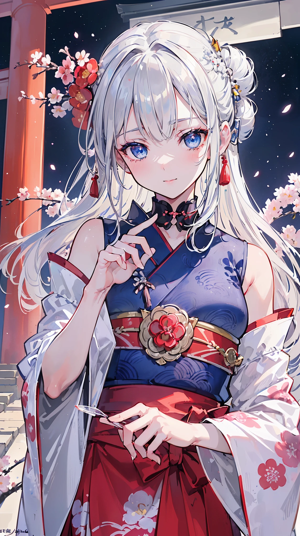 (((Masterpiece))), (((Highest quality))), ((Ultra-detailed)), ((Super fine illustration)), ((Ultra-fine painting)), (16K highest quality wallpaper:1.4), (Upper body:1.6), HDR, (Highly detailed and delicate illustration style:1.8), Detailed skin texture, Detailed cloth texture, Extreme detailed description, (T-masterpiece), (Highly detailed face:1.2), (Highly detailed silver fox ears:1.2), (Highly detailed shiny silver half updo:1.2), (Highly detailed clear eyes:1.2), Original, RAW photo, Professional, Intricate details, Super details, Direct light:1.6, (Perfect anatomy:1.4), (Highly detailed hands:1.2), (Highly detailed fingers:1.2), (Highly detailed fingertips:1.2), (24-years-old), Real, (Solo:1.8), ((A very beautiful and attractive silver fox fashion model with blue eyes wearing a bright red furisode with a floral pattern:1.4)) BRAKE (Beautiful and adorable silver fox ears:1.6), (Highly detailed and delicate silver fox ears:1.4), (Beautiful and well-shaped big breasts:1.2), (Beautiful and well-shaped buttocks), (Beautiful and shiny silver half updo:1.6), (Highly detailed and delicate silver half updo:1.2), (Beautiful clear blue eyes that shine with great detail:1.6), (Highly detailed and delicate blue eyes:1.2), (Highly detailed face:1.4), (Smile:1.5), (Blush:1.4), (Looking at viewer:1.4), (Celebration:1.4) BRAKE (Bright red furisode with floral pattern:1.4), (Japanese traditional costume:1.2) BRAKE (Concept art:1.2), (Detailed fantasy art:1.2) BRAKE (Highly detailed and delicate Ise Grand Shrine in Mie Prefecture in the background just after noon in spring:1.6), (Standing in front of the torii gate:1.4), (Celebration:1.4), Ise Grand Shrine:1.4, Torii gate of Ise Shrine:1.4, cherry blossoms:1.2, Very beautiful in the sunny sky background just after noon:1.4 BRAKE