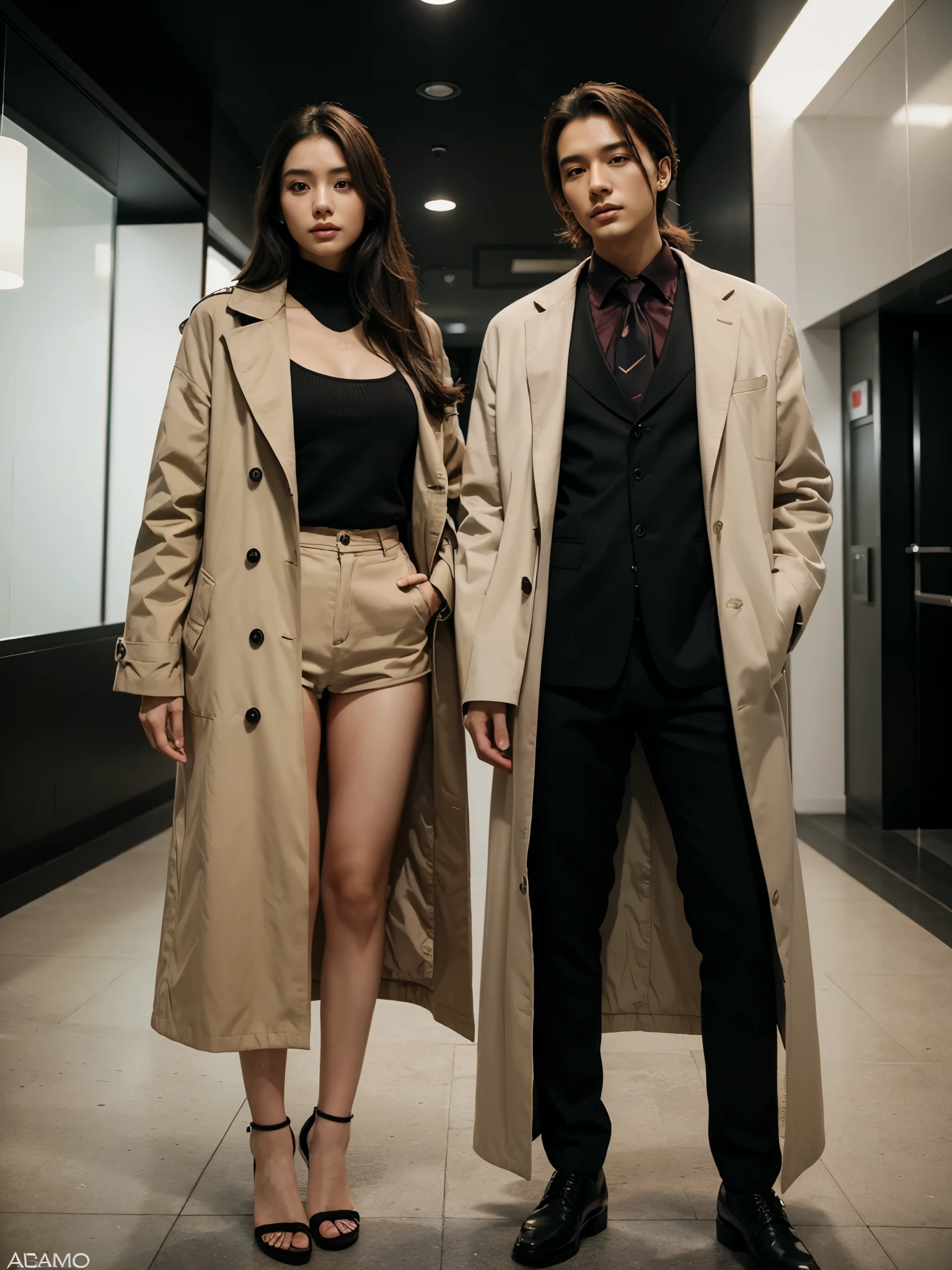 a man and a woman standing next to each other, an image, inspired by Adam Dario Keel, which is trending in the cg community, beautiful young Korean woman, long coat, movie screencap, model elisajes from acquamodels