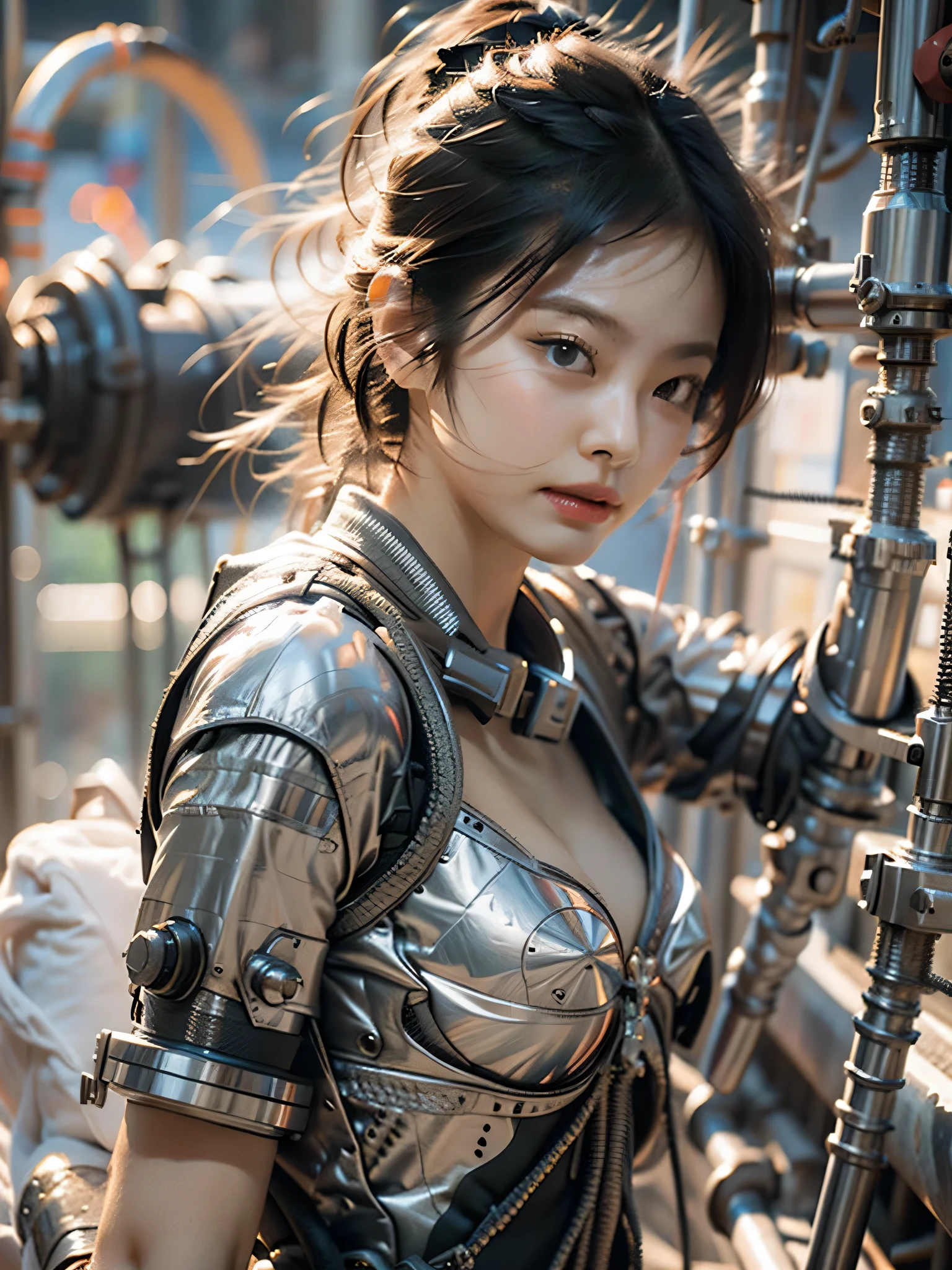 Best quality at best，tmasterpiece，ultra high resolution，（Realism:1.4）,（sword1.2），Detailed details,1girll,Combat posture,cleavage，a beauty girl，Hand-held weaponechs，A mechanical，ellegance，Clear focus，gentlesoftlighting，vivd colour，tmasterpiece，