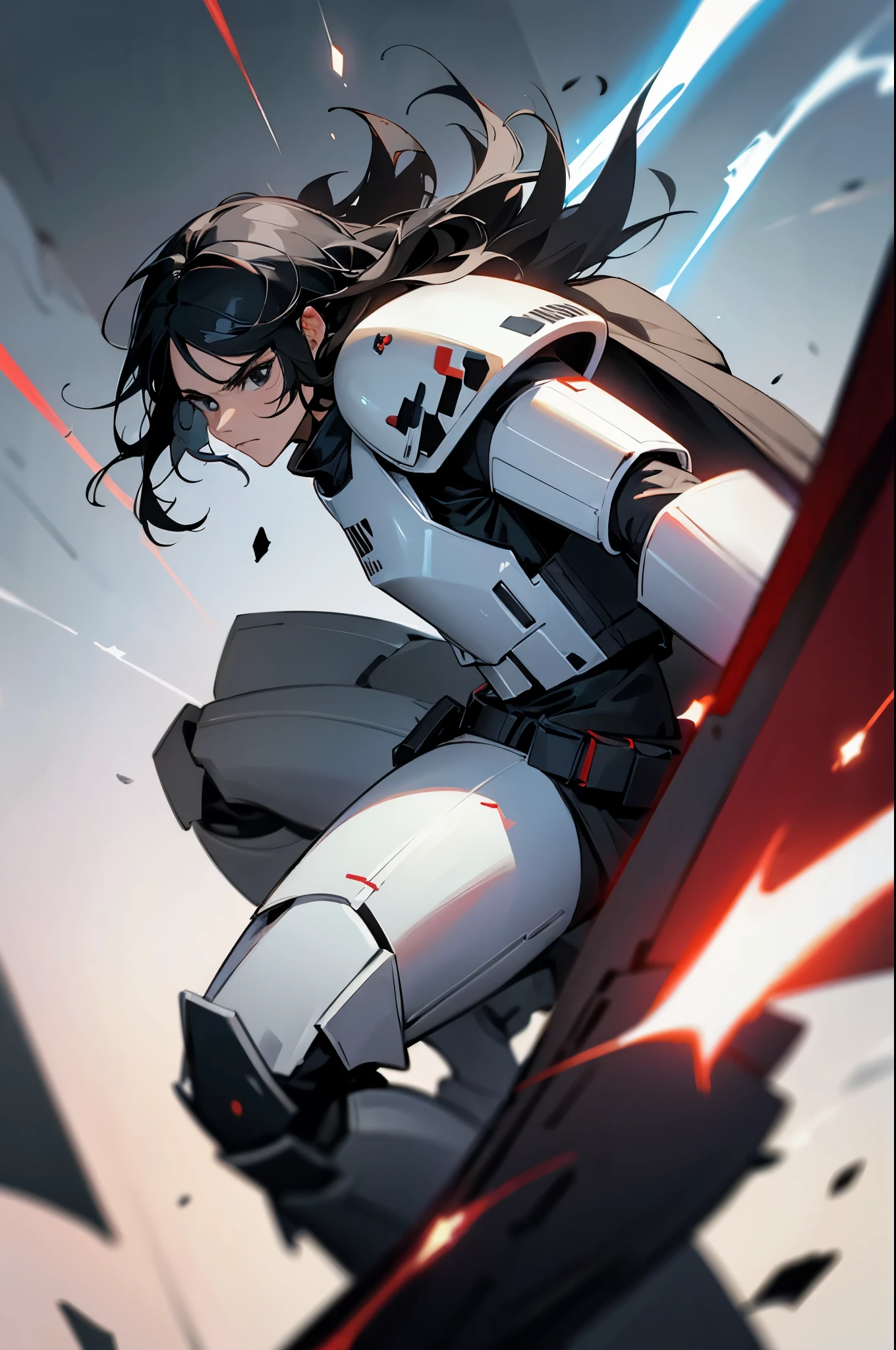 star wars, Medium Length hair , black eyes , black hair, serious expression, storm trooper armor,young male, red armor,