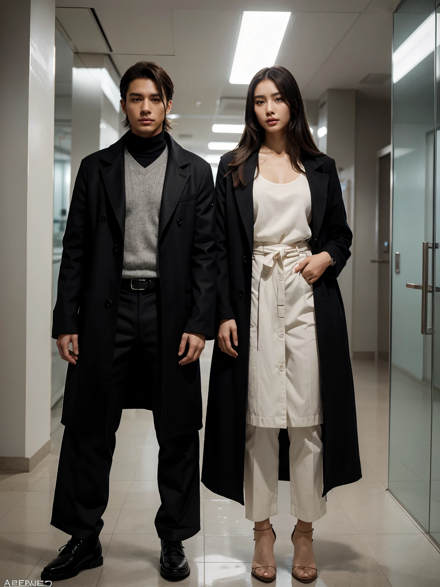 a man and a woman standing next to each other, an image, inspired by Adam Dario Keel, which is trending in the cg community, beautiful young Korean woman, long coat, movie screencap, model elisajes from acquamodels