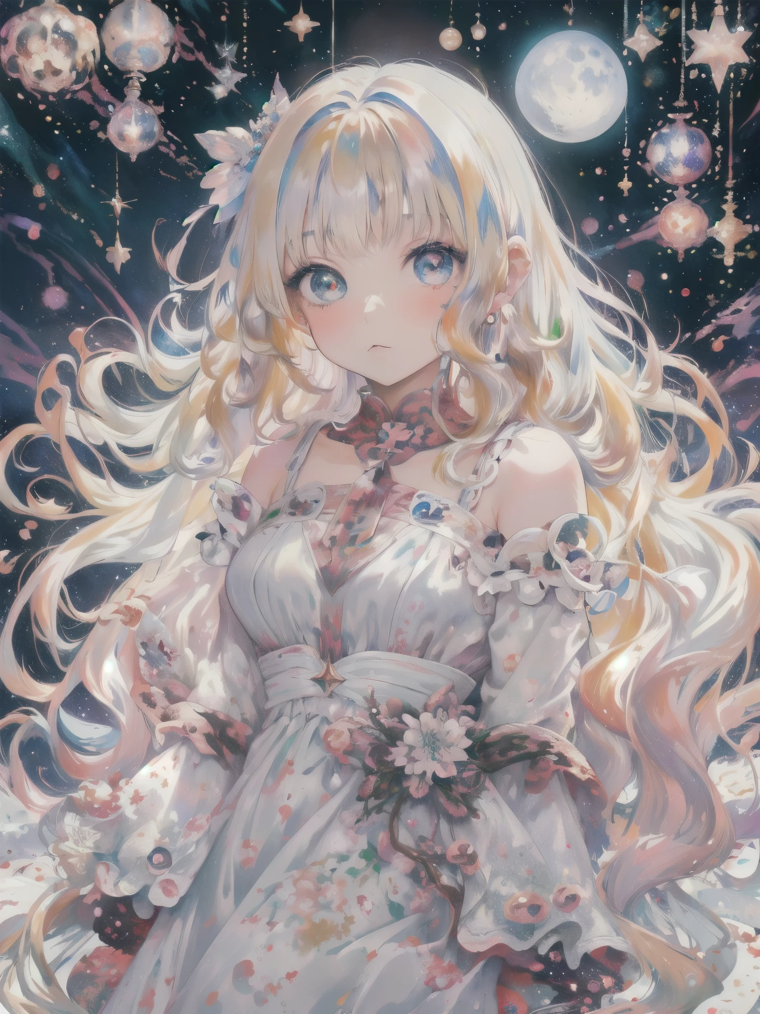 [(white background:1.5),::5] (isometric:1.0),(( wide shot, full body)),//1 girl, dressed elegantly in a white dress with lace, transparency, white gloves, kawaii rpg, official art, gacha banner, the background is the night sky full of stars shining on the milkyway, moon, long flowing hair, galaxy eyes, dust particles, best shadows and lighting, gacha splash art, blonde hair, long hair,