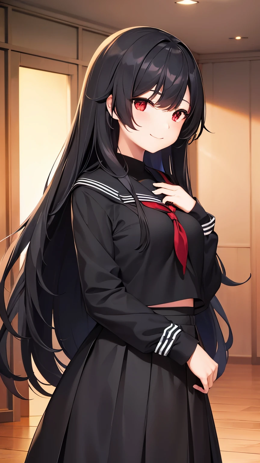 girl, black serafuku, long hair, black hair, red eyes, indoor, black skirt, smile, indoor