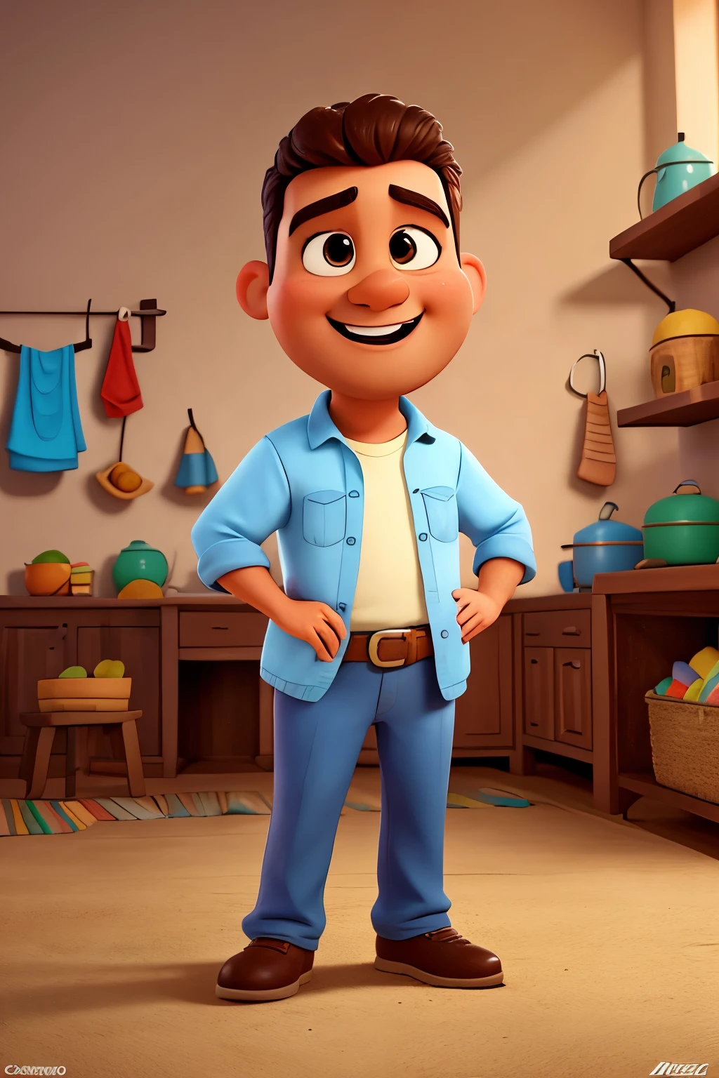 Um desenho animado estilo Disney e Pixar de um desbravador adventista segurando uma panela e touca de chefe de cozinha