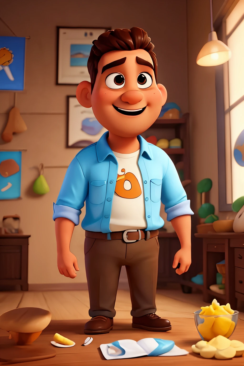 Um desenho animado estilo Disney e Pixar de um desbravador adventista segurando uma panela e touca de chefe de cozinha